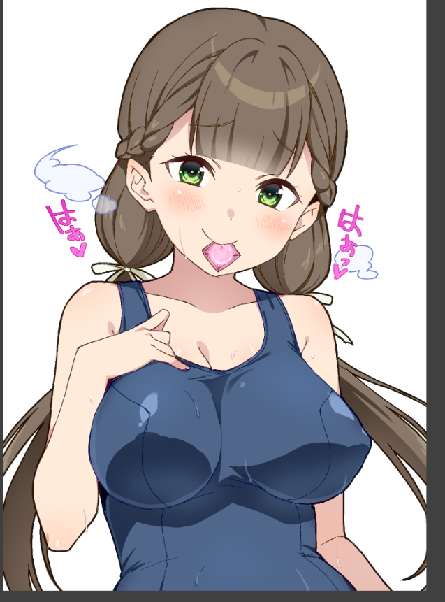 1girl blue_one-piece_swimsuit blunt_bangs blush braid breasts brown_hair cleavage closed_mouth collarbone commentary commentary_request condom condom_in_mouth french_braid furrowed_brow green_eyes large_breasts long_hair looking_at_viewer love_live! love_live!_superstar!! low_twintails mouth_hold old_school_swimsuit one-piece_swimsuit sakurakouji_kinako school_swimsuit simple_background solo swimsuit translation_request twintails upper_body white_background yamada_taishi
