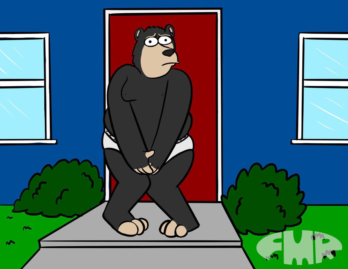 anthro barefoot bear black_body black_fur black_nose blue_wall briefs briefs_only clothed clothing covering covering_crotch dom_(foxmanad) embarrassed feet foxmanad fur green_grass humiliation locked_out male mammal outside overweight overweight_male plant red_door shrub sidewalk solo tighty_whities topless underwear underwear_only white_briefs white_clothing white_underwear window