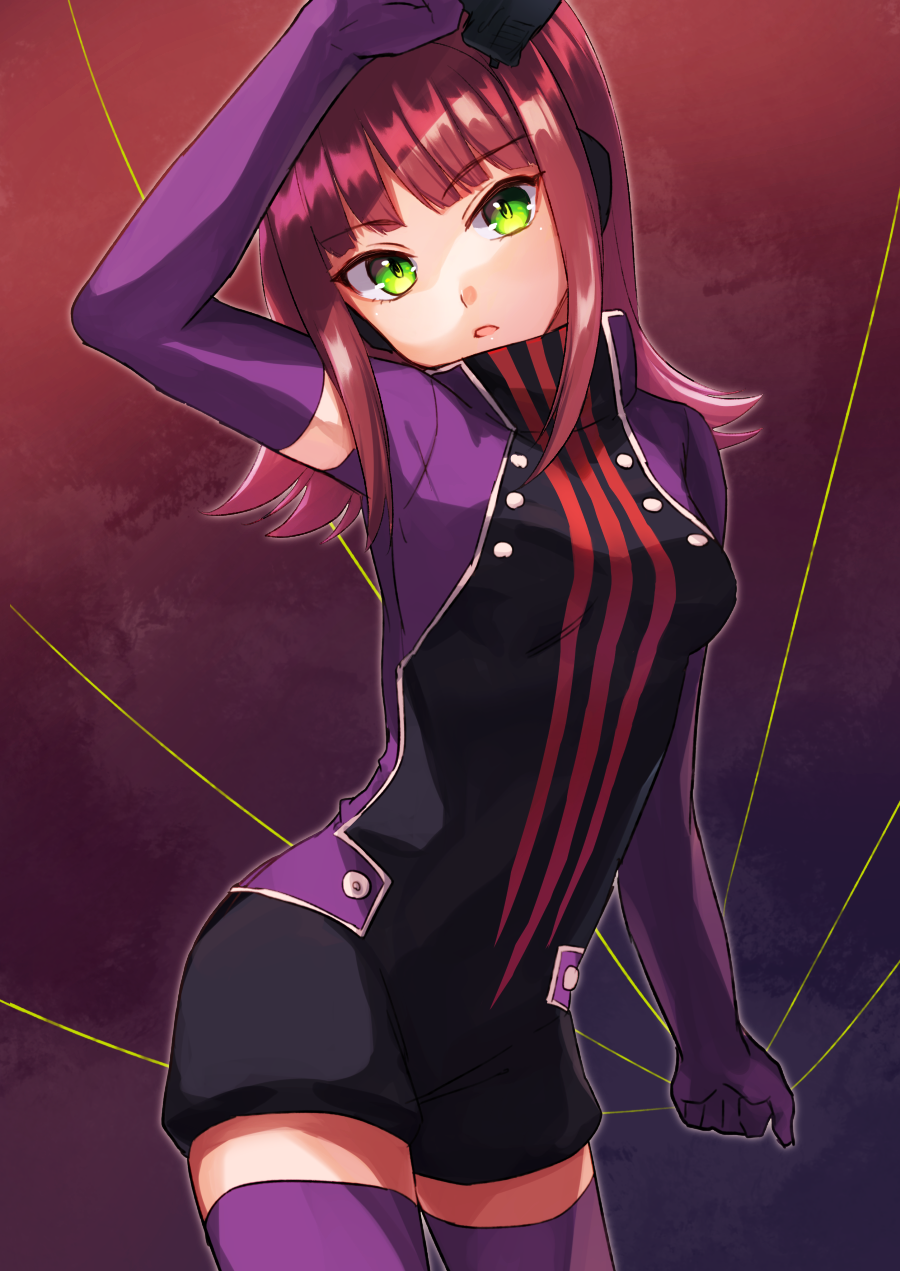 1girl :o arm_at_side arm_up blue_background breasts dual_wielding elbow_gloves flipped_hair gloves green_eyes gun head_tilt headphones highres holding holding_gun holding_weapon katori_squad's_uniform katori_youko long_hair long_sleeves looking_at_viewer multicolored_background purple_background purple_gloves red_hair short_sleeves solo sonoda_(mzm) string thighhighs turtleneck uniform weapon world_trigger