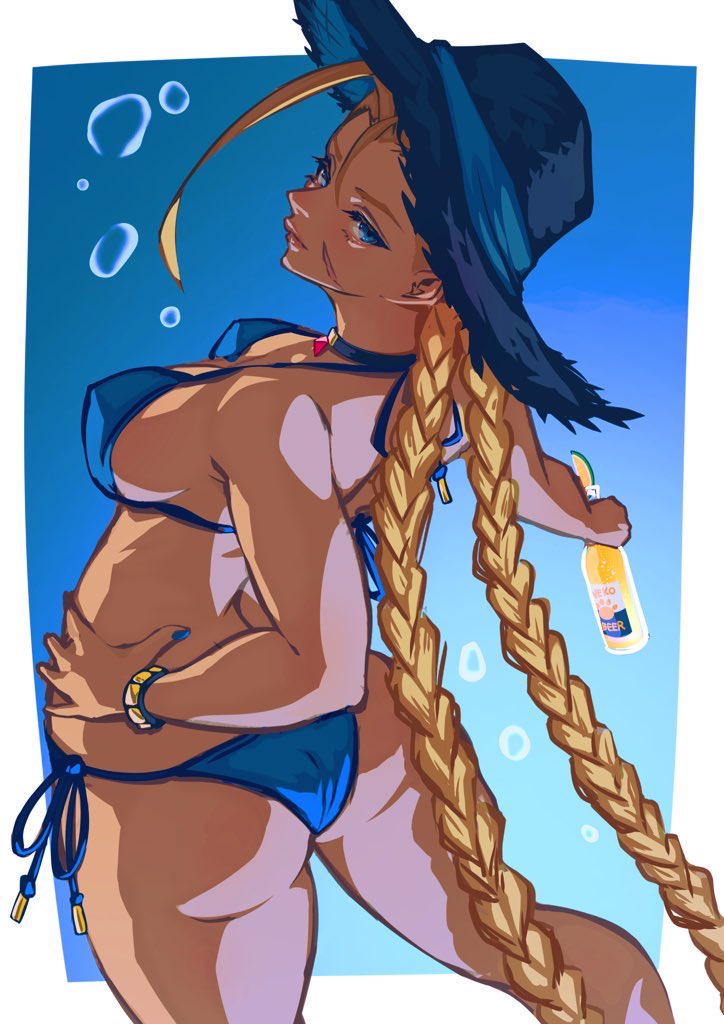 1girl alcohol alternate_costume ap_cammy ass beer beer_bottle bikini blonde_hair blue_bikini blue_eyes blue_headwear blue_nails bottle bracelet braid breasts bubble cammy_white closed_mouth from_behind hat holding holding_bottle jewelry long_hair looking_at_viewer looking_back scar scar_on_face solo street_fighter swimsuit twin_braids very_long_hair