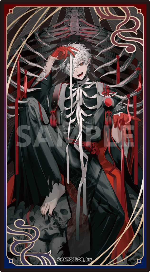 1boy :d bandage_over_one_eye bandaged_neck bandages barefoot beckoning black_hakama black_kimono black_nails black_shirt copyright_notice ear_piercing earrings fangs fingernails foot_out_of_frame gloves hair_between_eyes hakama hakama_pants half_gloves hand_up holding_bandages itefu japanese_clothes jewelry kimono knee_up kuzuha_(nijisanji) long_sleeves looking_at_viewer male_focus mole mole_under_eye nail_polish nijisanji official_art open_clothes open_kimono pants piercing pile_of_skulls pointy_ears red_eyes red_gloves red_ribbon ribbon ribs sample_watermark sharp_fingernails sharp_toenails shirt short_hair sitting skeleton skull_ornament sleeveless sleeveless_turtleneck smile spread_legs tassel tassel_earrings teeth toenail_polish toenails turtleneck virtual_youtuber watermark white_hair wide_sleeves