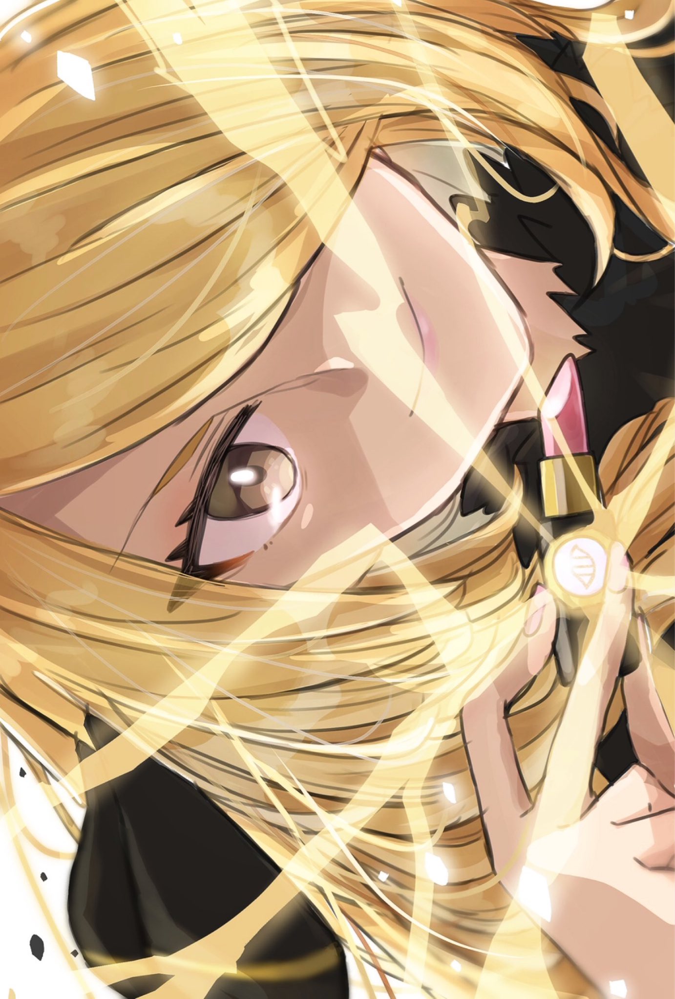 black_coat blonde_hair close-up coat cosmetics cynthia_(pokemon) energy fur-trimmed_coat fur_trim green_eyes hair_ornament hair_over_one_eye highres holding holding_lipstick_tube light_rays lipstick lipstick_tube long_hair looking_at_viewer makeup mega_stone nail_polish nanakusa_yomogi pink_lips pokemon pokemon_dppt sideways