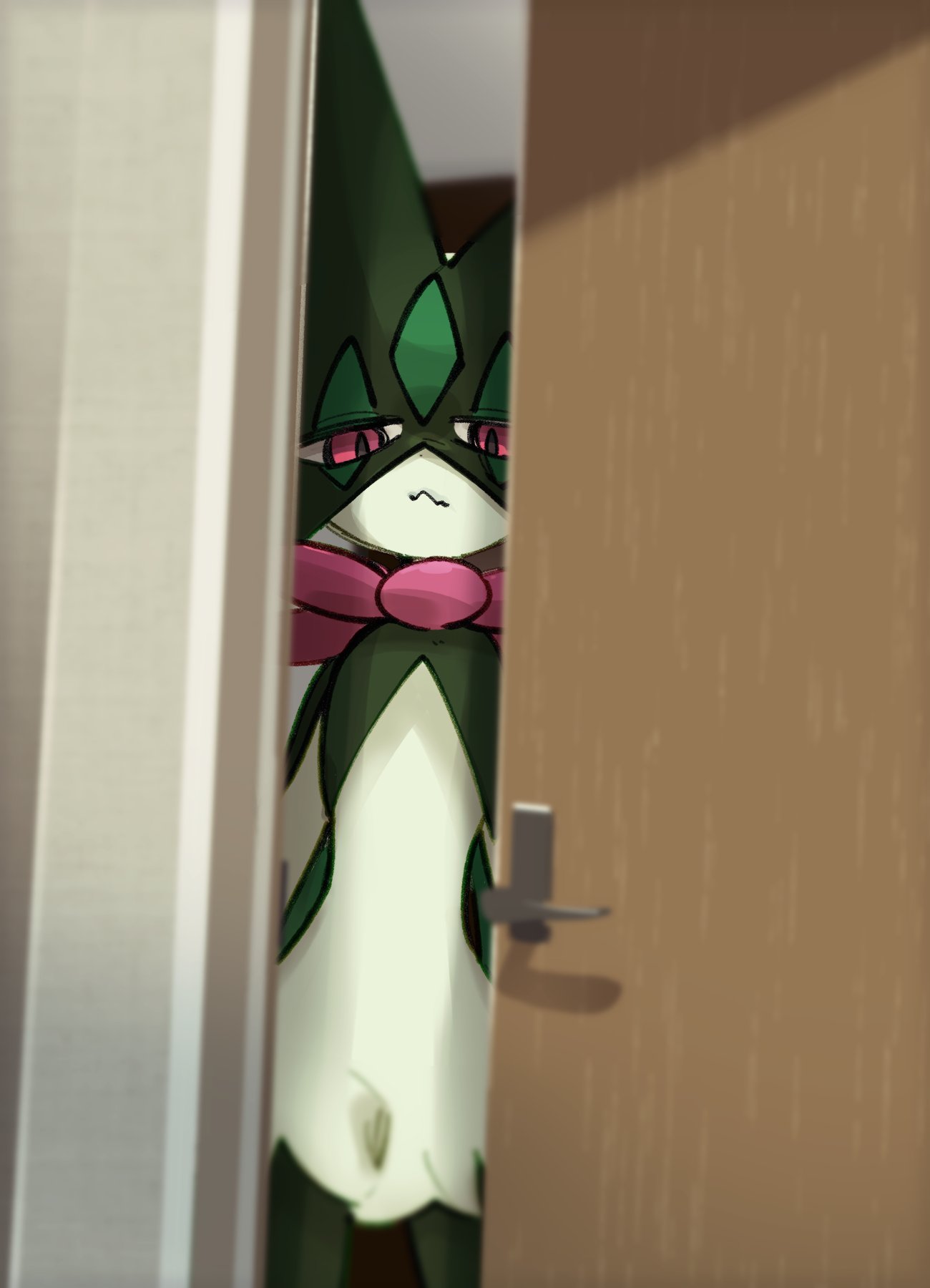 1girl body_fur commentary furry furry_female green_fur highres indoors meowscarada open_door pink_eyes pokemon pokemon_(creature) solo sstoh standing staring