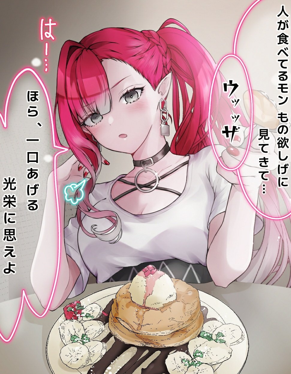 1girl baobhan_sith_(fate) blush breasts choker collarbone earrings fate/grand_order fate_(series) food grey_eyes highres jewelry large_breasts long_hair looking_at_viewer nuuu9999 open_mouth pancake pink_hair plate pointy_ears ponytail shirt short_sleeves sidelocks solo speech_bubble translation_request white_shirt