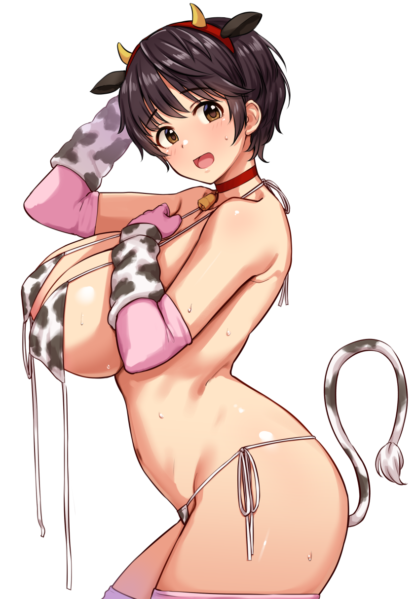 1girl animal_ear_hairband animal_ears animal_print arm_behind_head arm_warmers bell bikini breasts choker cow_ears cow_horns cow_print cow_print_bikini cow_tail elbow_gloves fake_animal_ears fake_horns from_side gloves hairband hand_on_own_chest highres horns huge_breasts idolmaster idolmaster_cinderella_girls looking_at_viewer looking_to_the_side navel neck_bell oikawa_shizuku pink_gloves pink_thighhighs print_bikini red_choker short_hair side-tie_bikini_bottom simple_background solo stomach string_bikini sweat swimsuit tail thighhighs tomajiyama untied_bikini_top white_background