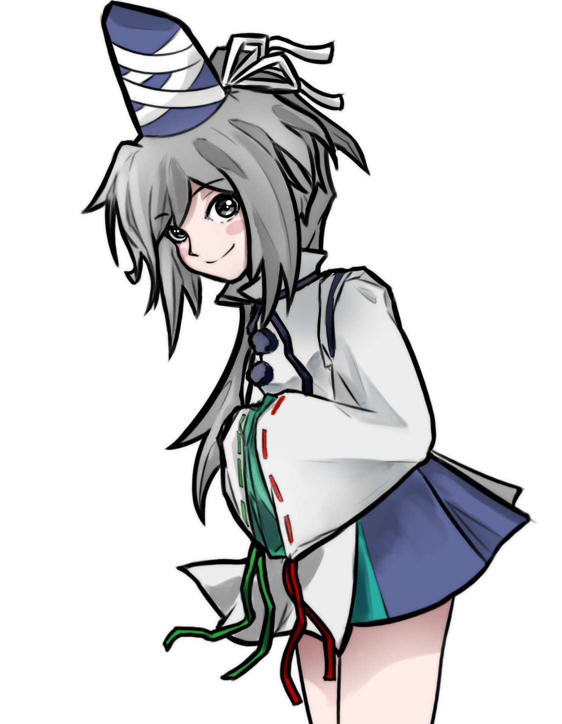 1girl 4rdisha blue_headwear blue_skirt blush closed_mouth grey_eyes grey_hair hands_in_opposite_sleeves hat highres leaning_forward long_hair looking_at_viewer mononobe_no_futo ponytail ribbon-trimmed_sleeves ribbon_trim simple_background skirt smile solo tate_eboshi touhou white_background