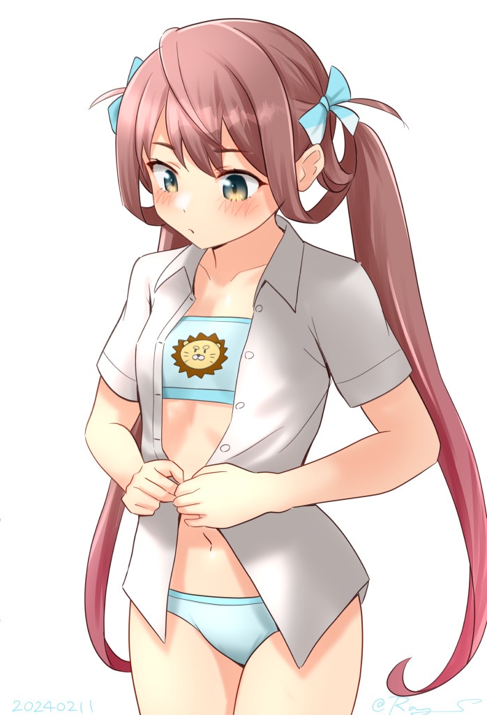 1girl asagumo_(kancolle) blue_bra blue_eyes blue_panties blue_ribbon bra brown_eyes buttoning collared_shirt cowboy_shot dress_shirt hair_rings kantai_collection lion_print long_hair navel open_clothes open_shirt panties ray.s ribbon shirt simple_background solo standing training_bra twintails underwear white_background white_shirt