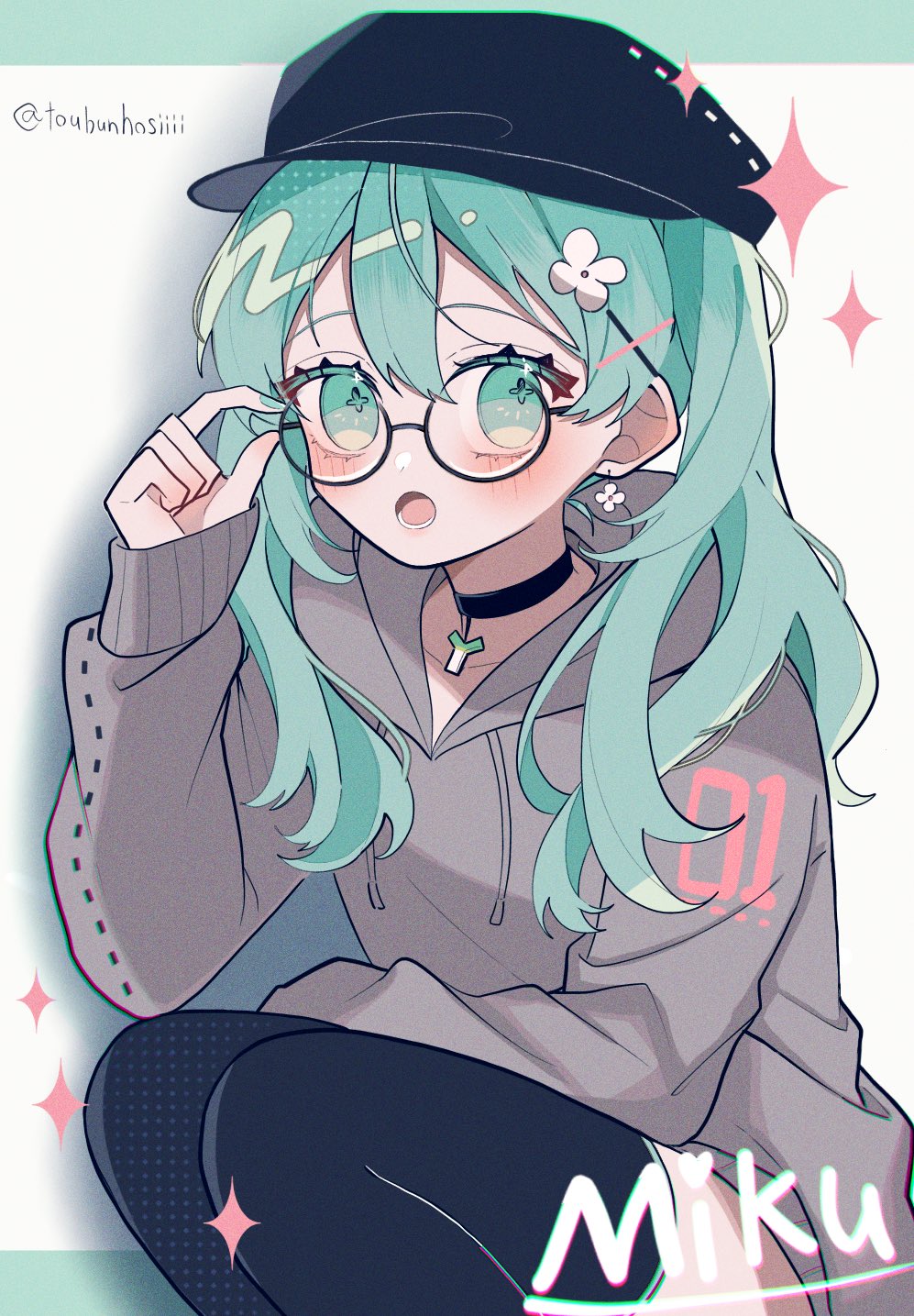 +_+ 1girl :o adjusting_eyewear alternate_costume aqua_border aqua_eyes aqua_hair aqua_nails artist_name black_choker black_thighhighs border character_name choker commentary earrings flower flower_earrings grey_hoodie hair_between_eyes hair_flower hair_ornament hand_on_own_knee hat hatsune_miku highres hood hoodie jewelry light_blush looking_at_viewer looking_to_the_side lower_teeth_only maca1227 open_mouth slav_squatting solo sparkle squatting symbol-only_commentary symbol-shaped_pupils teeth thighhighs twintails twitter_username vocaloid white_background white_flower