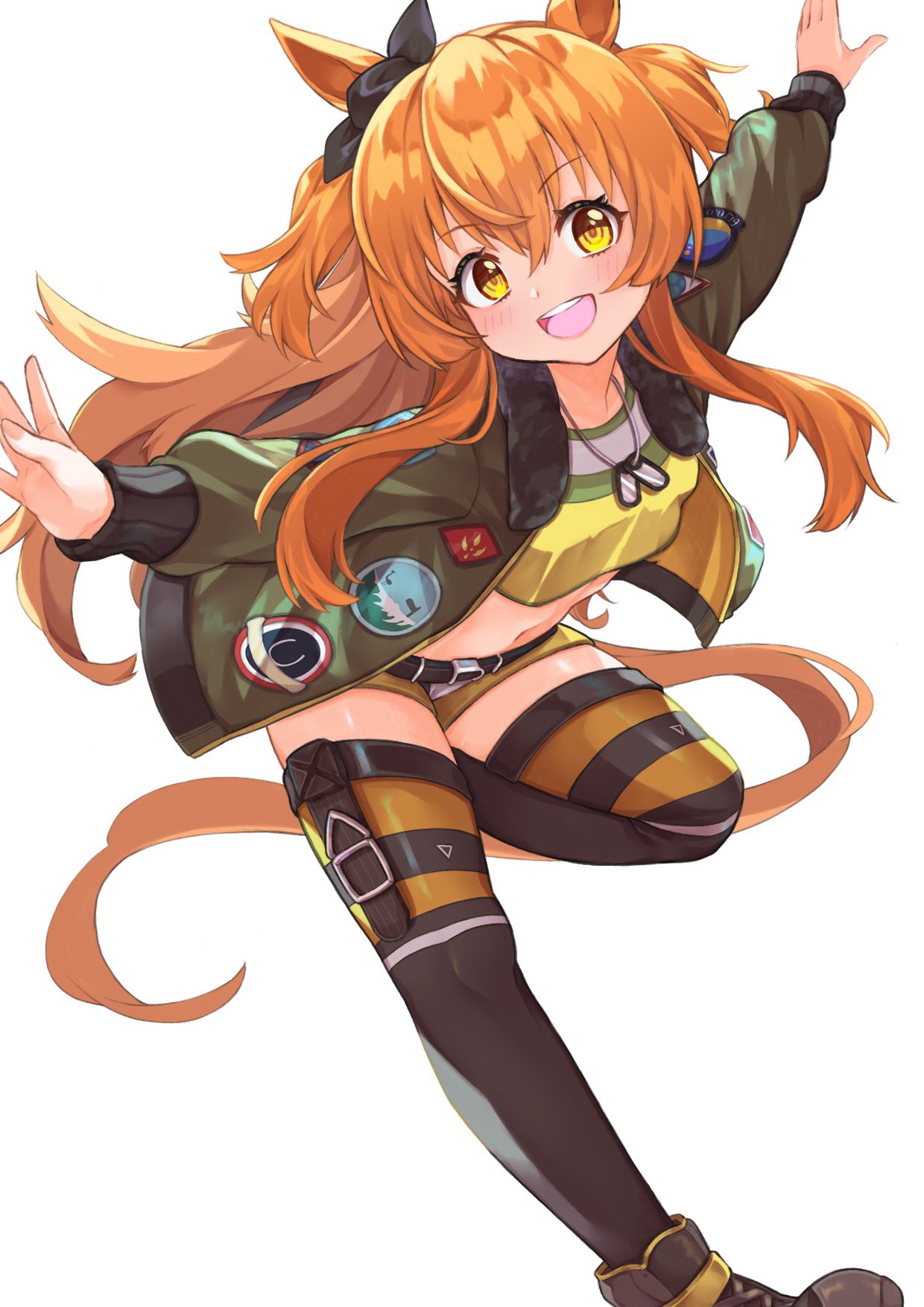 1girl animal_ears belt bomber_jacket commentary_request crop_top dog_tags foot_out_of_frame green_jacket hand_on_own_hip highres horse_ears horse_girl iam_(tetsu0ekaki) jacket long_hair long_sleeves looking_at_viewer mayano_top_gun_(umamusume) midriff navel one_eye_closed open_clothes open_jacket open_mouth orange_eyes orange_hair pointing pointing_at_self simple_background smile solo standing standing_on_one_leg two_side_up umamusume upper_body white_background