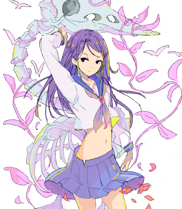 1girl arm_at_side arm_up bad_drawr_id bad_id bird blue_sailor_collar character_request closed_mouth copyright_request cowboy_shot falling_petals fossil long_hair long_sleeves looking_at_viewer midriff navel oekaki petals plant pleated_skirt purple_eyes purple_hair purple_skirt sailor_collar school_uniform serafuku sidelocks skirt solo suya000 white_background white_serafuku