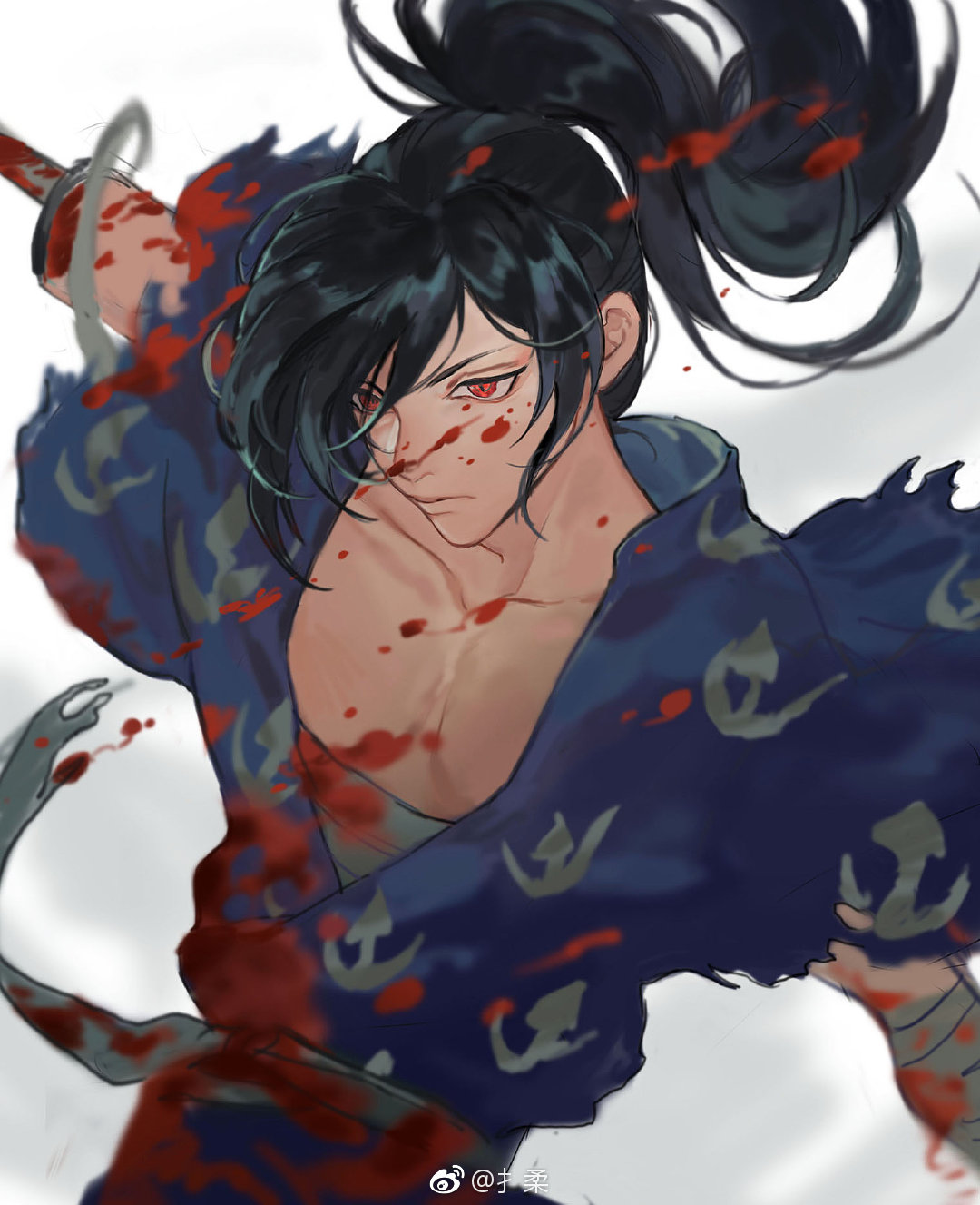 1boy blood blood_on_clothes cowboy_shot dororo_(tezuka) expressionless fighting_stance highres hyakkimaru_(dororo) japanese_clothes kimono looking_ahead male_focus midriff_sarashi missing_limb pectoral_cleavage pectorals prosthesis prosthetic_arm prosthetic_weapon sarashi shou_rou solo torn_clothes torn_kimono