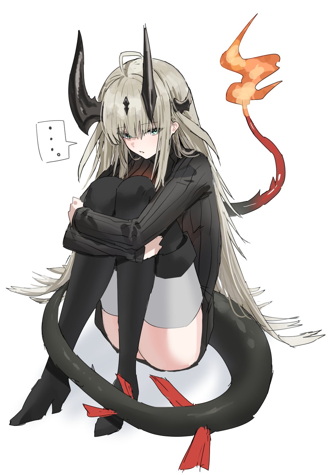 ... 1girl ahoge aqua_eyes arknights black_footwear black_sweater boots brown_hair commentary dragon_girl dragon_horns dragon_tail fiery_tail fire flame-tipped_tail full_body highres horn/wood horns hugging_own_legs knees_up long_hair long_sleeves looking_at_viewer multiple_horns reed_(arknights) ribbed_sweater simple_background sitting solo spoken_ellipsis sweater tail thigh_boots white_background