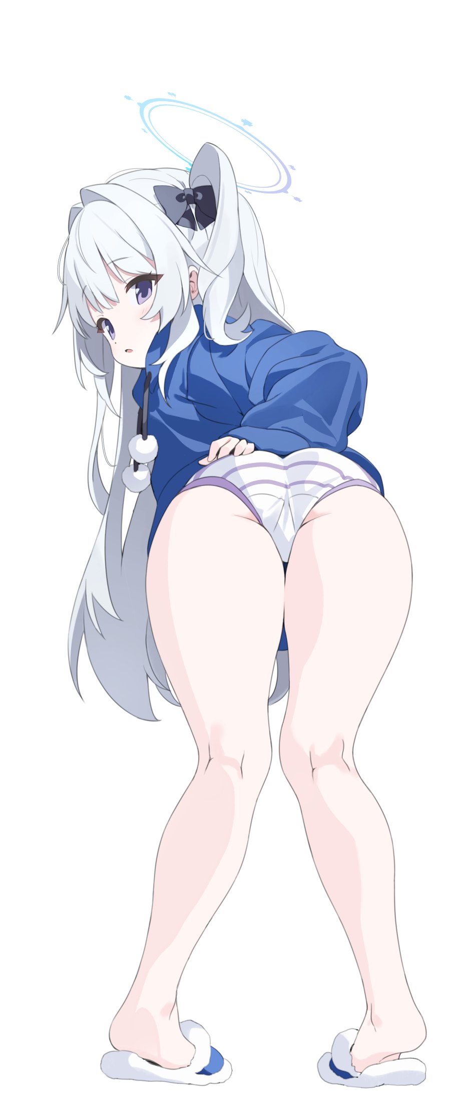 1girl ass blue_archive blue_hoodie casual clothes_lift from_behind full_body gogoco grey_halo halo highres hood hoodie hoodie_lift knees_together_feet_apart long_hair looking_at_viewer looking_back miyako_(blue_archive) miyako_(young)_(blue_archive) official_alternate_costume one_side_up panties purple_eyes slippers standing striped_clothes striped_panties underwear white_hair white_panties
