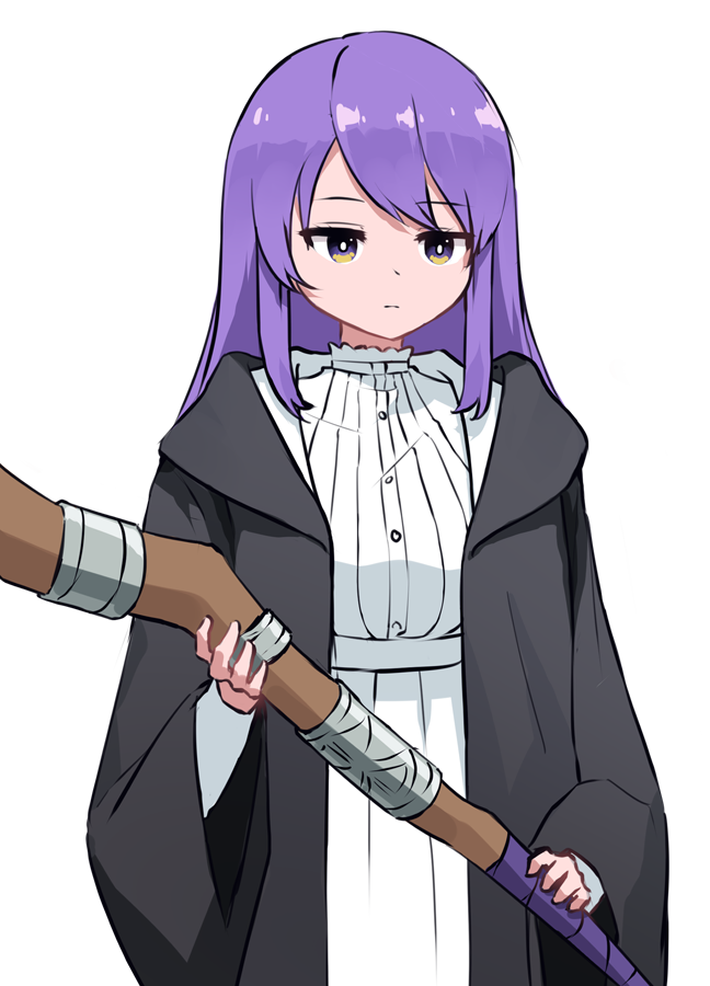 1girl black_coat coat cosplay fern_(sousou_no_frieren) fern_(sousou_no_frieren)_(cosplay) fian_f.n holding holding_staff hololive hololive_indonesia hood hooded_coat long_hair moona_hoshinova multicolored_eyes purple_eyes purple_hair robe sousou_no_frieren staff transparent_background virtual_youtuber wide_sleeves