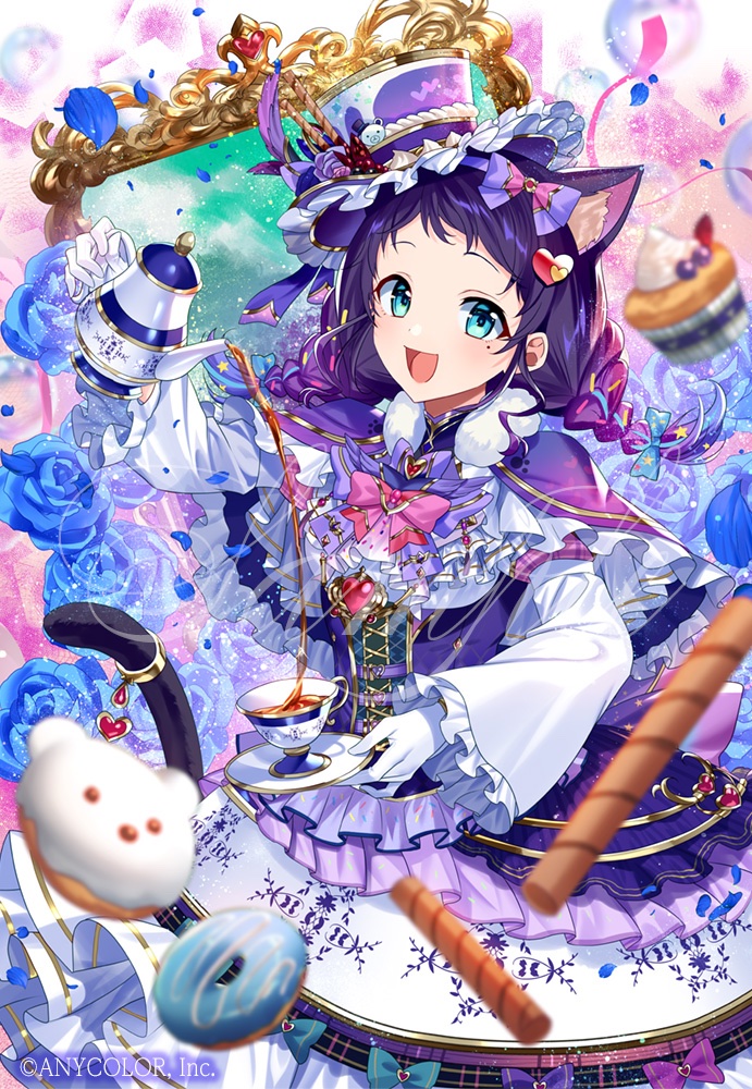 1girl :d aiba_uiha aiba_uiha_(4th_costume) alternate_costume animal_ear_fluff animal_ears balloon black_hair blue_bow blue_eyes blue_flower blue_petals blue_rose blush bow bowtie braid capelet cat_ears cookie copyright_name corset cup cupcake cursive dessert doughnut dress falling_petals flower food frilled_capelet frilled_shirt frilled_skirt frills fur-trimmed_capelet fur_trim gloves hair_ornament hat heart heart_hair_ornament holding layered_skirt liquid long_hair long_sleeves looking_at_viewer mini_hat mirror mole mole_under_eye murakami_yuichi nijisanji official_alternate_costume official_art petals pink_bow pink_bowtie pouring purple_bow purple_dress purple_skirt rose sample_watermark shirt skirt smile solo streamers tea teacup teapot twin_braids underbust virtual_youtuber watermark white_gloves white_shirt