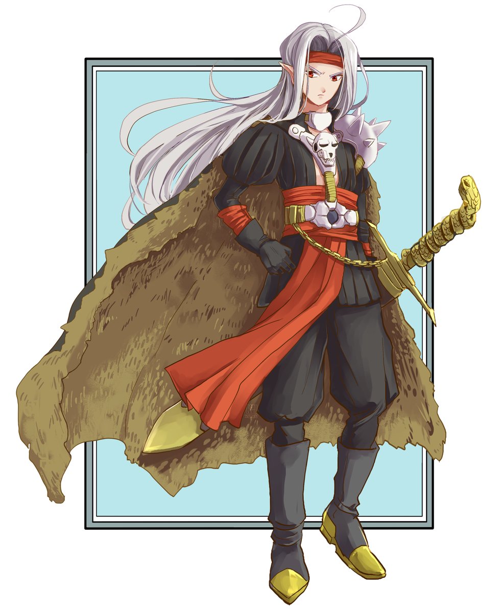 1boy belt black_footwear black_gloves black_pants blue_background boots border brown_cape cape commentary_request dragon_quest dragon_quest_iv full_body fur_cape gloves gold headband highres long_hair male_focus mizss outside_border pants pisaro pointy_ears puffy_sleeves red_eyes red_headband sheath sheathed shoulder_spikes simple_background solo spikes standing sword weapon white_border white_hair