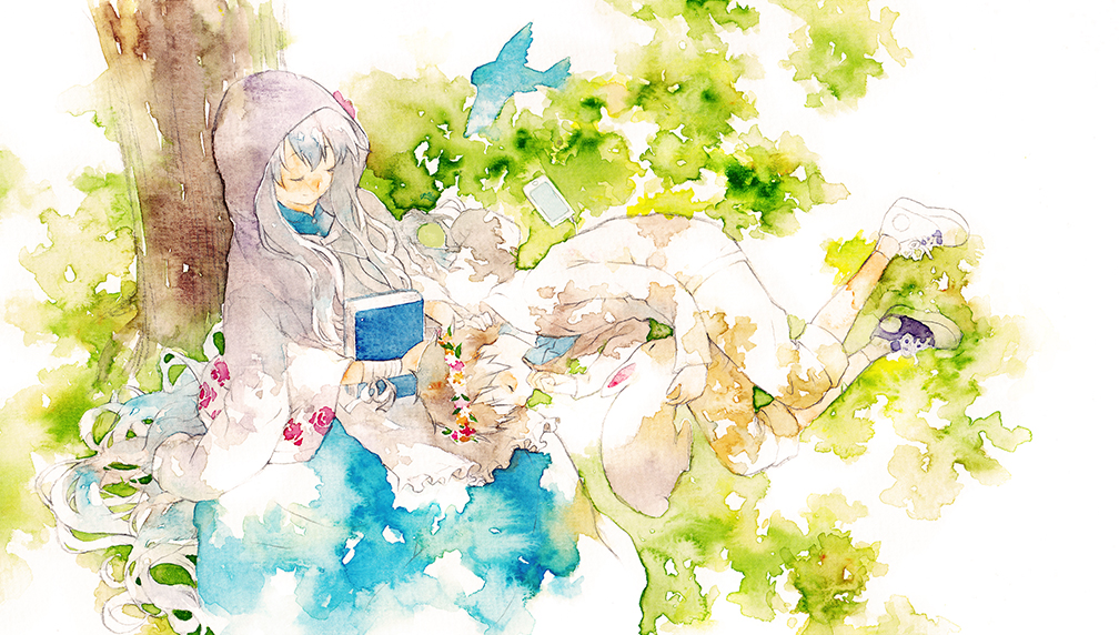 1boy 1girl against_tree apron asymmetrical_footwear bandaged_arm bandages bird blue_bird blue_dress blue_shirt book cloak closed_eyes closed_mouth dappled_sunlight dress flower_wreath grass grey_hair hand_on_another's_head head_wreath holding holding_book hood hood_up jacket kagerou_project kozakura_marry long_hair long_sleeves lying mismatched_footwear moekon on_side outdoors painting_(medium) pants purple_footwear seto_kousuke shirt shoes sitting sneakers sunlight traditional_media tree under_tree very_long_hair watercolor_(medium) white_apron white_footwear white_jacket white_pants