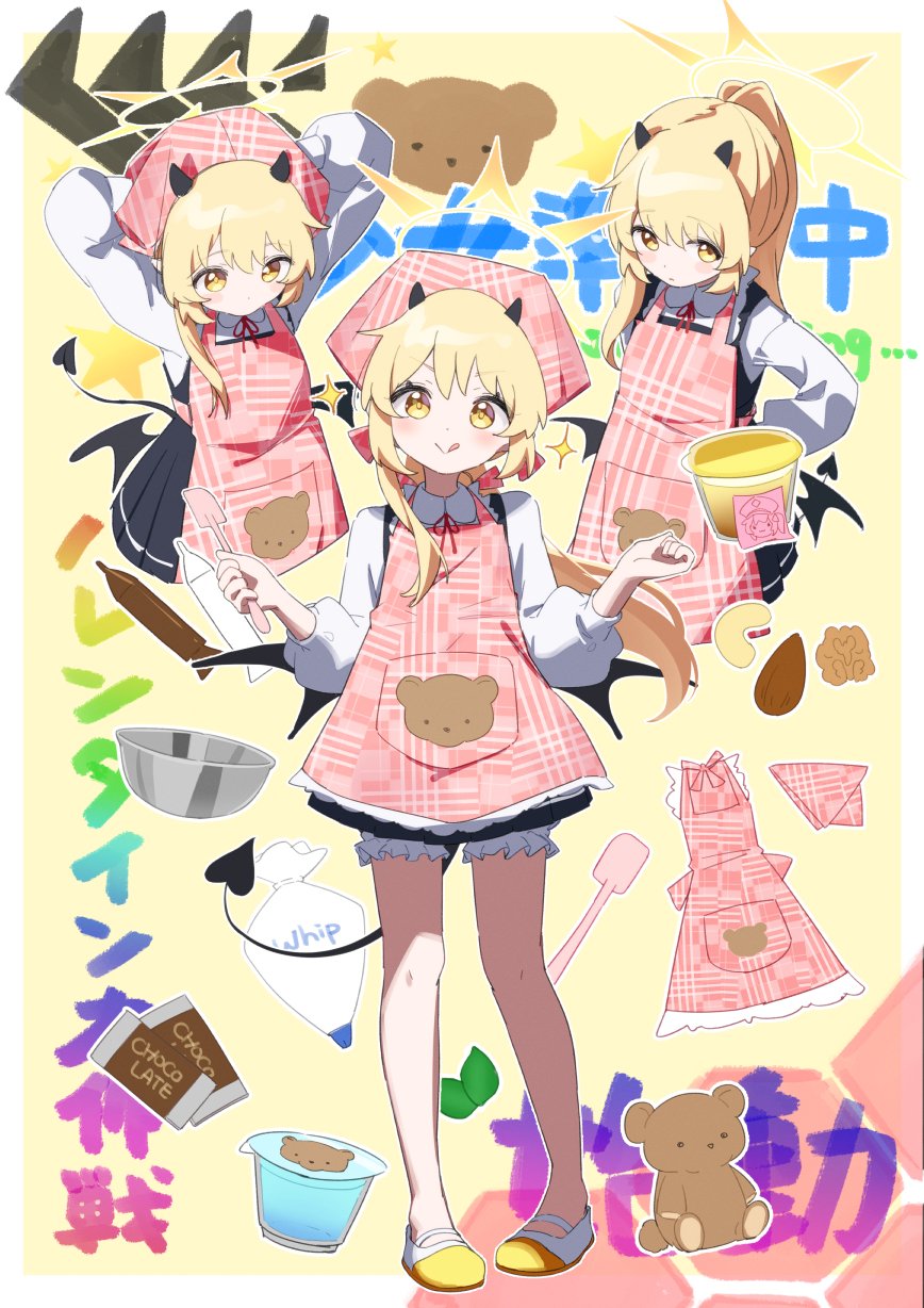 1girl apron black_dress black_horns black_tail black_wings blonde_hair bloomers blue_archive blush chocolate closed_mouth collared_shirt demon_horns demon_tail demon_wings dress food head_scarf highres horns ibuki_(blue_archive) long_hair long_sleeves mixing_bowl multiple_views namaonpa pink_apron pink_headwear pointy_ears pudding puffy_long_sleeves puffy_sleeves shirt shoes smile star_(symbol) stuffed_animal stuffed_toy tail teddy_bear tongue tongue_out white_bloomers white_footwear white_shirt wings yellow_eyes