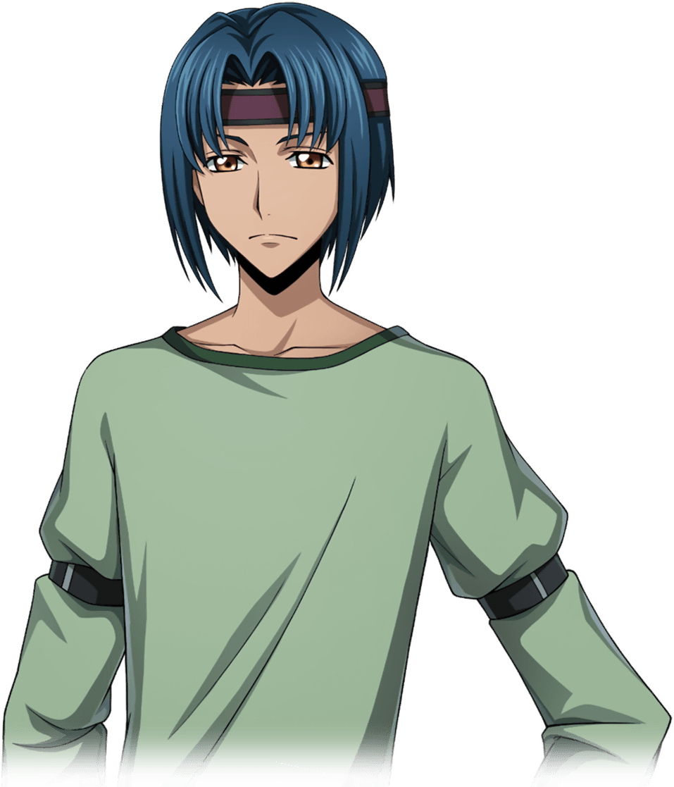 1boy armband artist_request blue_hair closed_mouth code_geass code_geass:_lost_stories collarbone cropped_torso game_cg green_shirt hair_intakes hands_on_own_hips headband long_sleeves looking_at_viewer male_focus non-web_source official_art orange_eyes purple_headband shirt short_hair sidelocks simple_background solo standing sugiyama_kento transparent_background upper_body