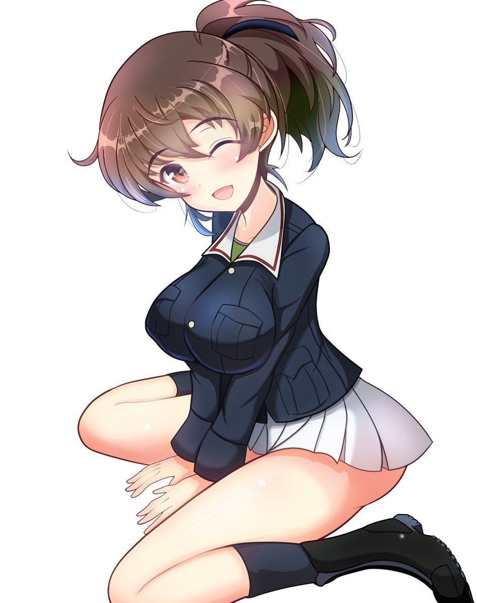 boots breasts brown_eyes brown_hair girls_und_panzer koyama_yuzu kumaisao large_breasts one_eye_closed ooarai_military_uniform pleated_skirt ponytail skirt smile