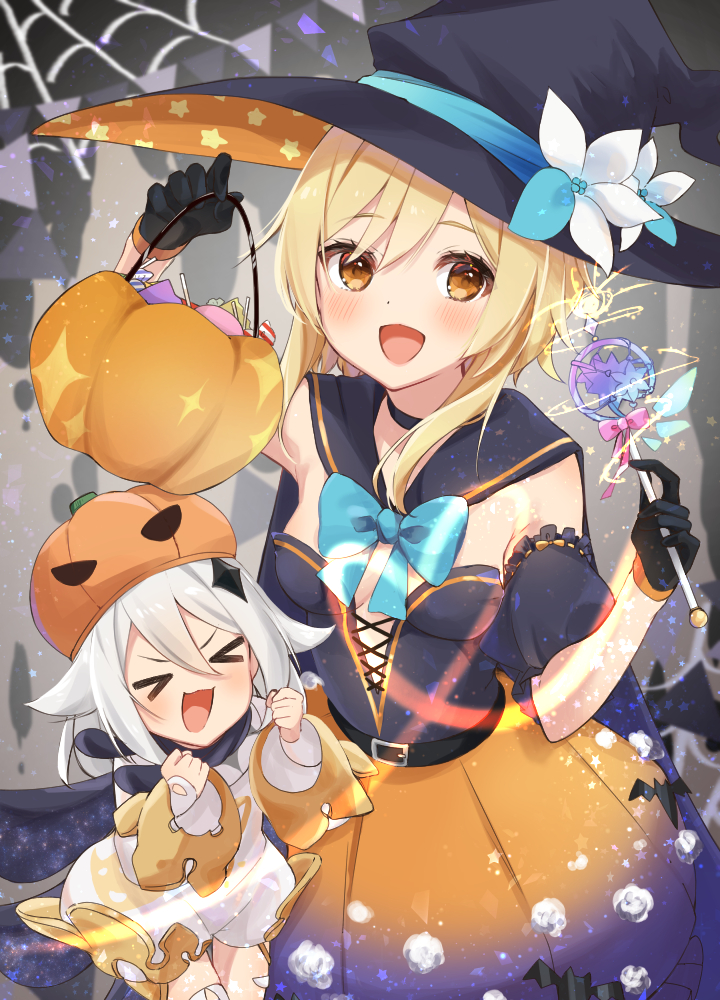 &gt;_&lt; 2girls :d arm_up bangs basket bat_(animal) black_cape black_choker black_gloves blonde_hair blue_bow blue_ribbon blush bow candy cape choker clenched_hands commentary_request floating flower food genshin_impact gloves gradient gradient_background halloween halloween_costume happy hat hat_flower hat_ribbon lollipop long_hair long_sleeves looking_at_viewer lumine_(genshin_impact) mayu-mayu1026 medium_hair multiple_girls open_mouth orange_skirt paimon_(genshin_impact) puffy_short_sleeves puffy_sleeves ribbon ribbon_choker shiny_hair short_sleeves skirt smile staff standing upper_body white_hair witch_hat yellow_eyes