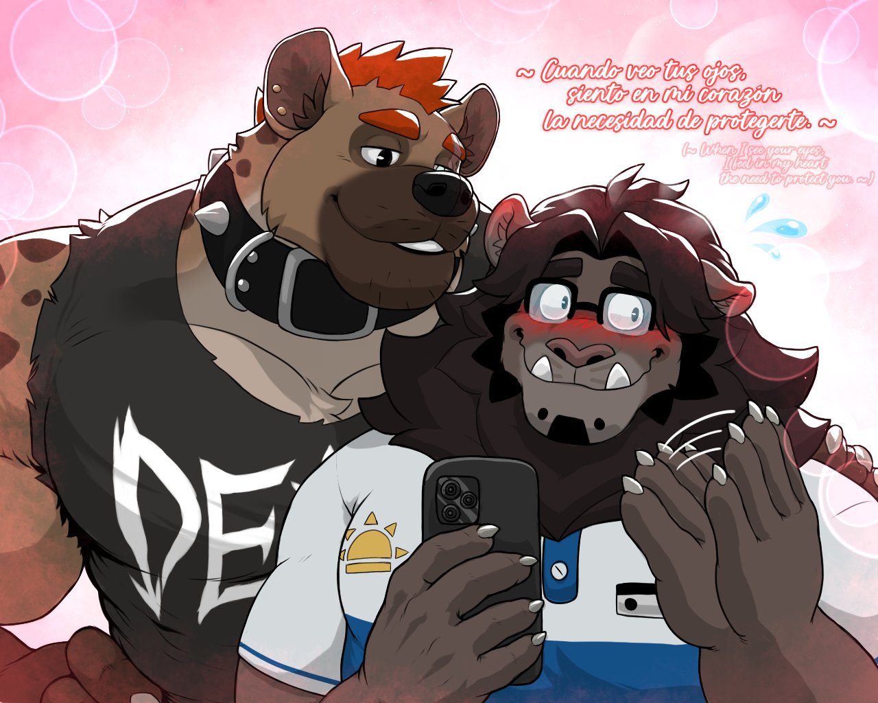 2boys animal_ears bara black_collar black_tank_top blush claws collar ear_piercing english_text fangs fangs_out fanning_self flying_sweatdrops furry furry_male glasses hand_on_another's_shoulder hand_on_own_hip holding holding_phone hyena_boy hyena_ears kobu_(wtdl) lion_boy lion_ears lion_mane looking_at_another looking_to_the_side male_focus multiple_boys muscular muscular_male pectorals phone piercing rujiru_draugen shirt sleeveless sleeveless_shirt smile spanish_text spiked_collar spikes tank_top toast_(wtdl) upper_body wavy_mouth where_the_demon_lurks white_shirt