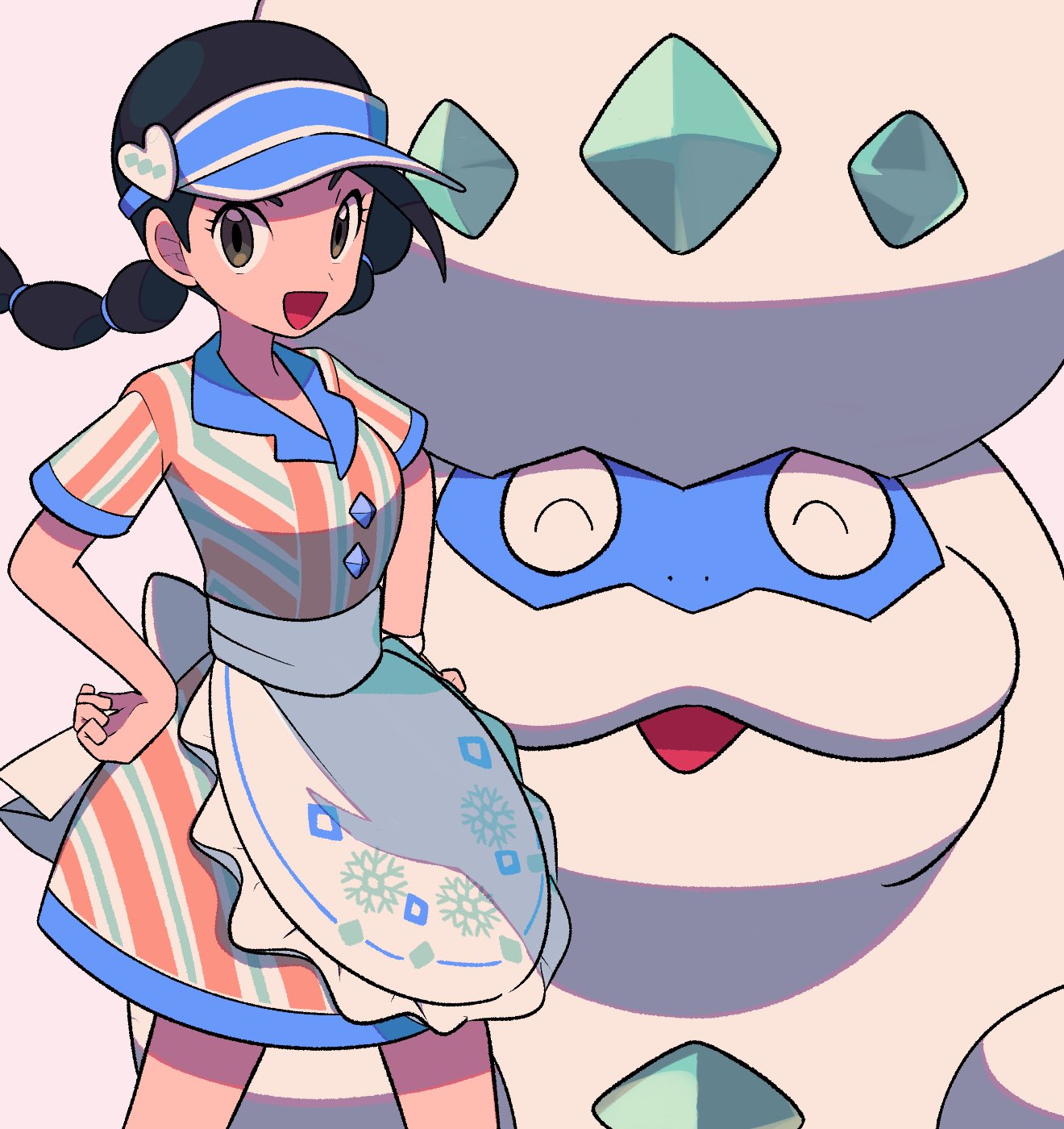 1girl :d apron black_hair blue_headwear brown_eyes candice_(palentine's_2024)_(pokemon) candice_(pokemon) commentary_request dress eyelashes galarian_darmanitan grey_background hands_on_own_hips highres long_hair multi-tied_hair official_alternate_costume open_mouth pokemon pokemon_(creature) pokemon_masters_ex short_sleeves smile twintails tyako_089 visor_cap waist_apron white_apron
