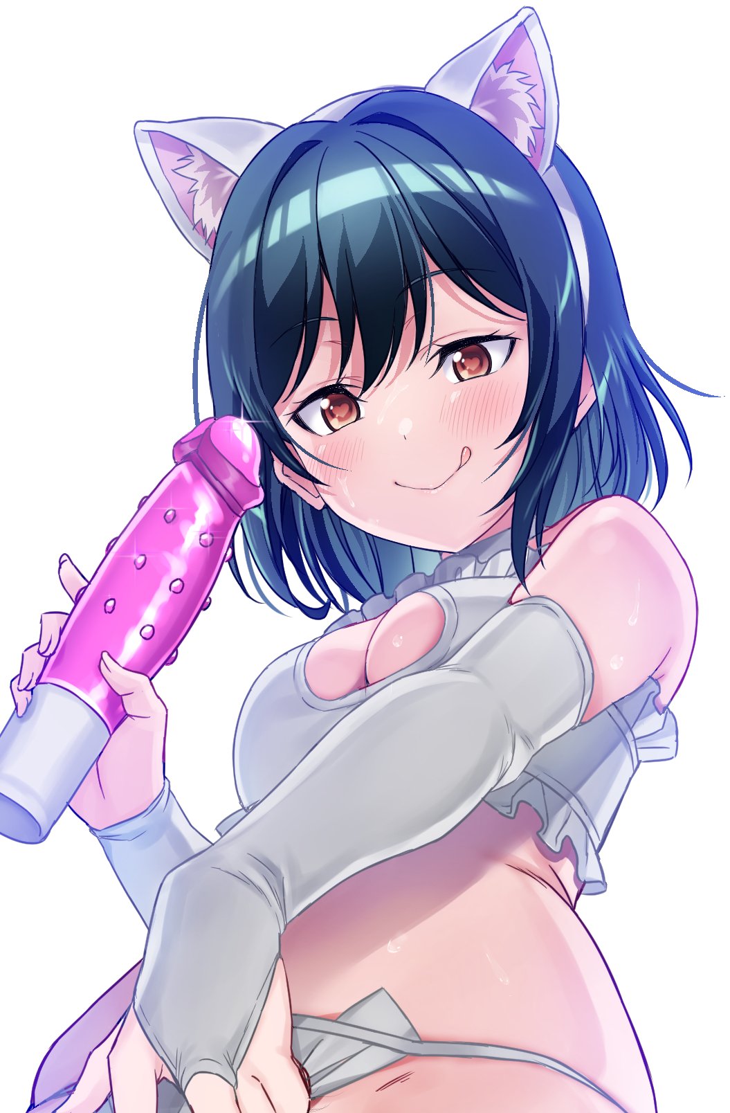 1girl :q animal_ears black_hair blush bra breasts cat_ears cleavage dildo elbow_gloves fake_animal_ears frilled_bra frills gloves hair_between_eyes heart heart-shaped_pupils highres holding holding_sex_toy looking_at_viewer love_live! love_live!_nijigasaki_high_school_idol_club medium_breasts mifune_shioriko panties partially_fingerless_gloves red_eyes sex_toy short_hair sidelocks solo symbol-shaped_pupils tongue tongue_out underwear upper_body white_background white_bra white_gloves white_panties yamada_taishi