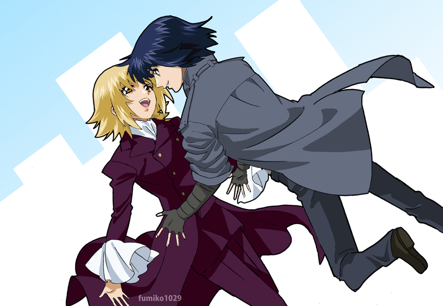 1boy 1girl athrun_zala blonde_hair blue_hair cagalli_yula_athha couple fumiko_(mesushi) green_eyes gundam gundam_seed gundam_seed_freedom imminent_hug jacket looking_at_another short_hair smile suit yellow_eyes