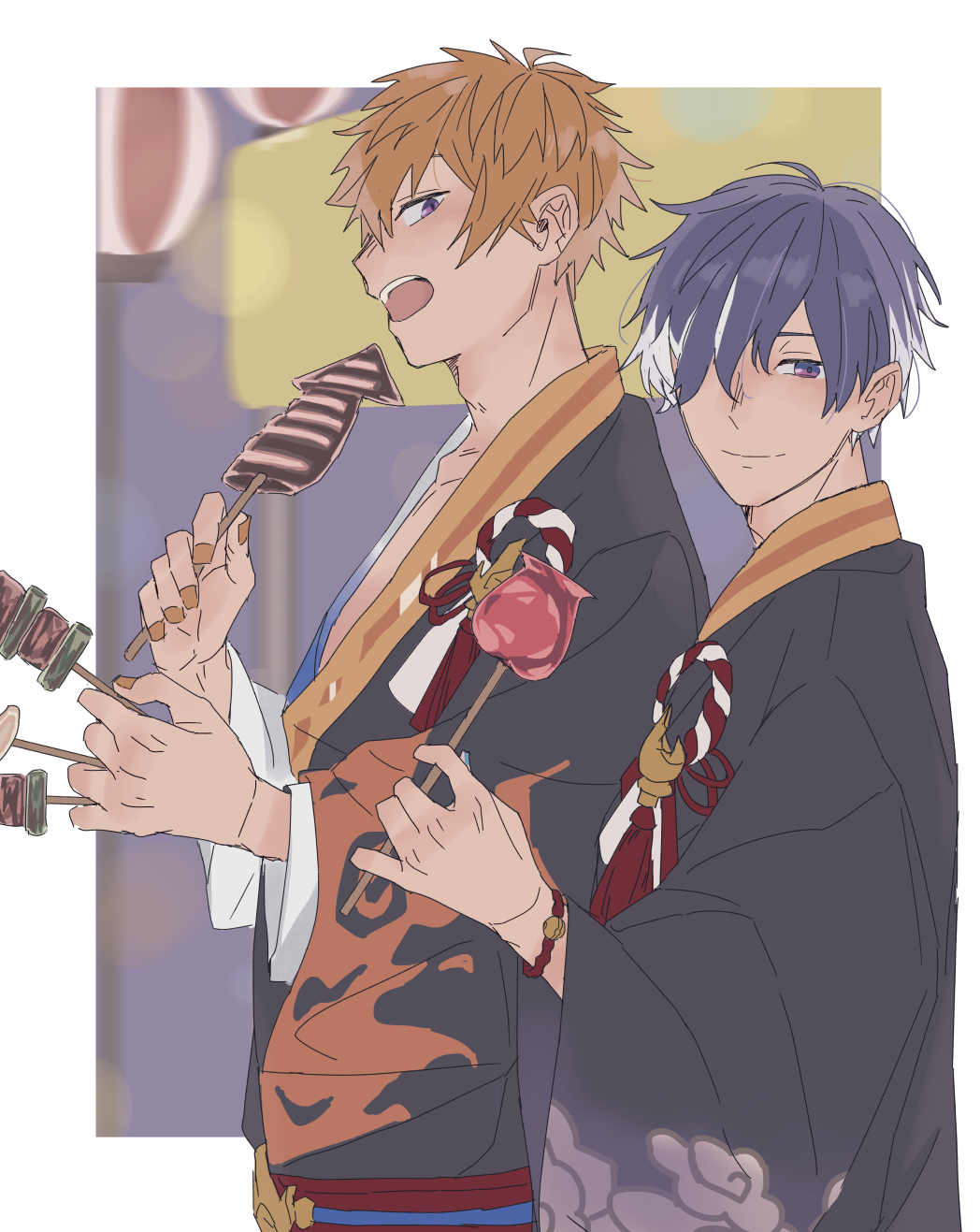 2boys beelzebub_(obey_me!) belphegor_(obey_me!) brothers candy_apple eating food fried_squid highres japanese_clothes kebab kimono light_smile multicolored_hair multiple_boys obey_me!:_one_master_to_rule_them_all! orange_hair purple_eyes purple_hair siblings smile streaked_hair summer_festival two-tone_hair user_unwc4745 white_hair yukata