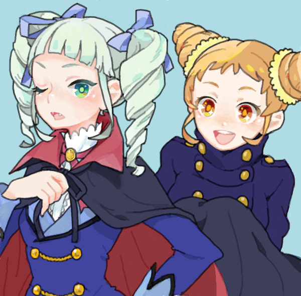 2girls aiguillette bad_drawr_id bad_id black_cape black_ribbon blue_background blue_coat blue_shirt buttons cape character_request coat cone_hair_bun copyright_request double_bun drill_hair fangs green_hair hair_bun hand_up holding holding_cape holding_clothes kaworu light_brown_hair long_sleeves looking_at_viewer medium_hair multiple_girls neck_ribbon oekaki one_eye_closed open_mouth orange_eyes ribbon shirt short_hair sidelocks simple_background sparkling_eyes teeth twin_drills uniform upper_body upper_teeth_only