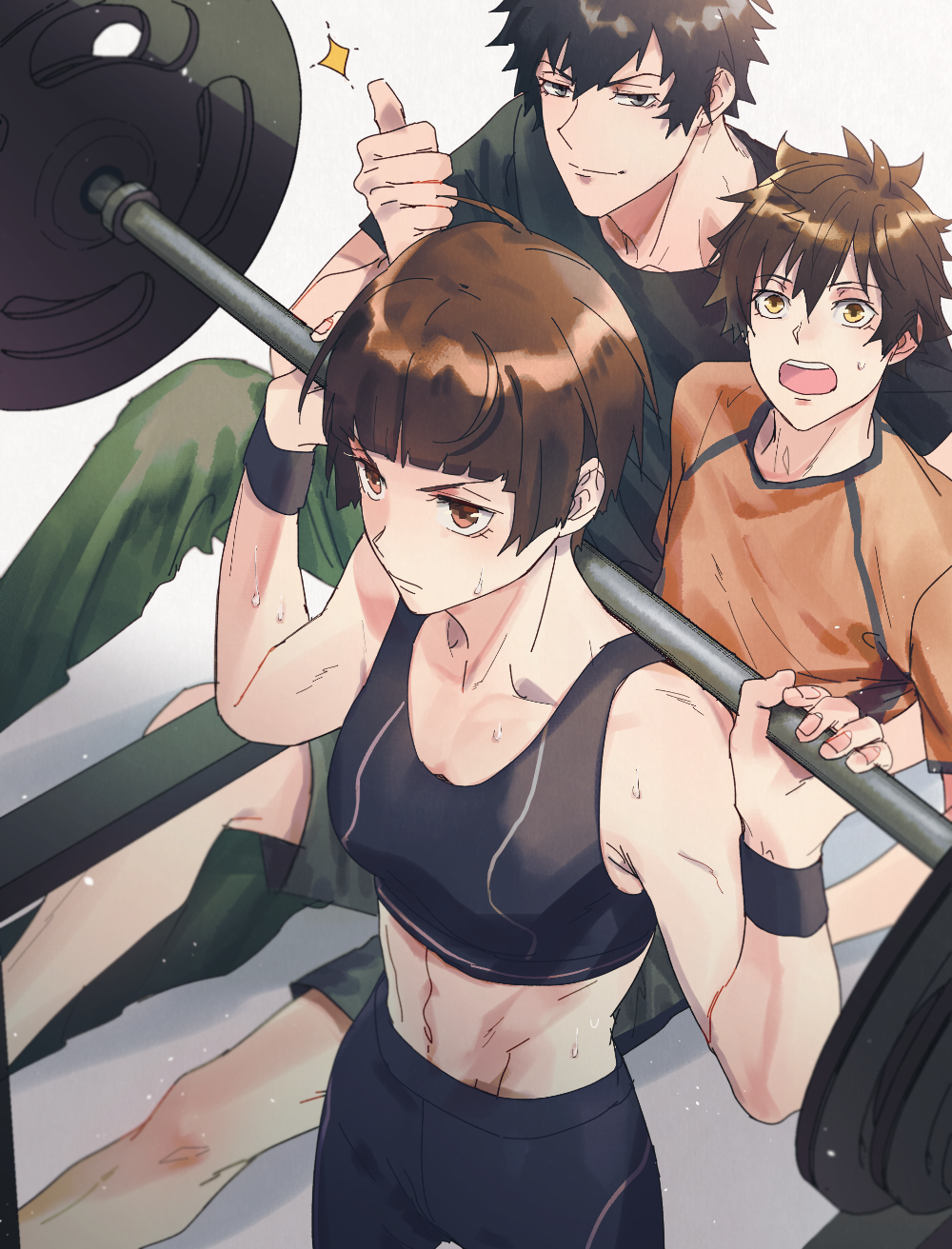 1girl 2boys black_hair black_wristband blunt_bangs brown_eyes brown_hair commentary_request determined exercise from_above highres kome_kako looking_ahead looking_at_another looking_at_viewer makishima_shougo messy_hair multiple_boys navel open_mouth orange_shirt psycho-pass serious shindou_arata shirt short_hair smile sparkle sports_bra surprised sweat t-shirt thumbs_up toned tsunemori_akane weightlifting weights wide-eyed yellow_eyes