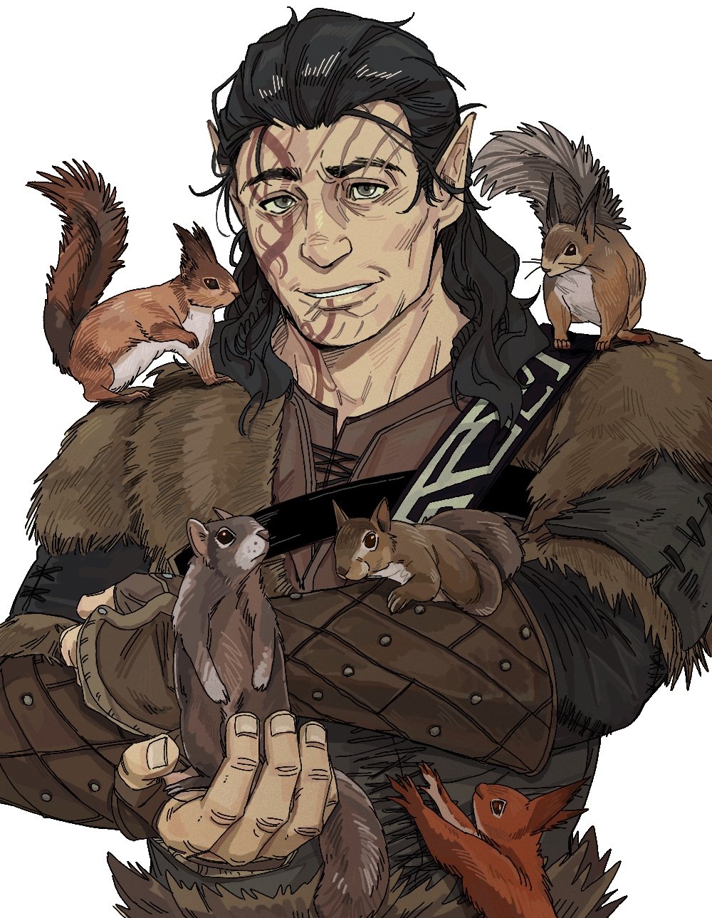 1boy ache55555 affectionate animal_on_shoulder baldur's_gate baldur's_gate_3 dungeons_and_dragons elf facial_tattoo halsin highres in_palm looking_at_viewer male_focus mature_male medium_hair pointy_ears simple_background smile solo squirrel tattoo thick_eyebrows upper_body