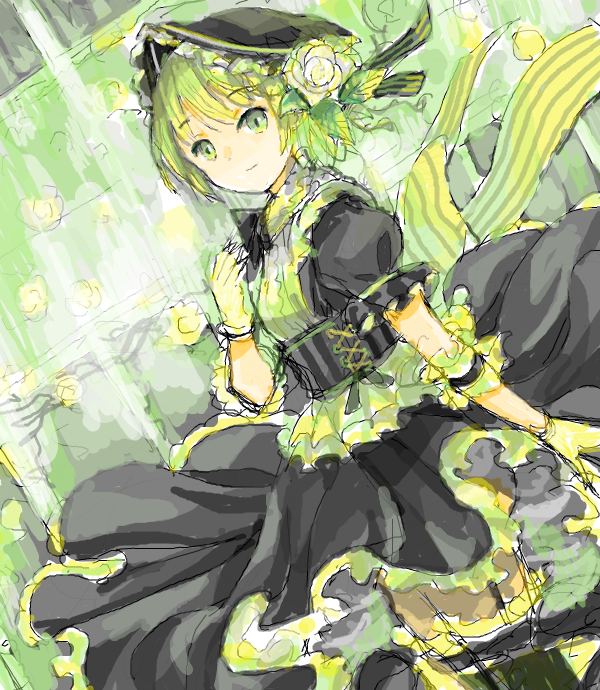 1girl bad_drawr_id bad_id black_bow black_bowtie black_corset black_dress black_headwear black_thighhighs bonnet bow bowtie character_request closed_mouth collared_dress copyright_request corset dress flower frilled_dress frills garter_straps gloves green_background green_eyes green_gloves green_hair green_theme hair_flower hair_ornament hand_up leaf looking_at_viewer oekaki puffy_short_sleeves puffy_sleeves rose short_sleeves sketch solo standing striped_clothes suya000 thighhighs white_flower white_rose