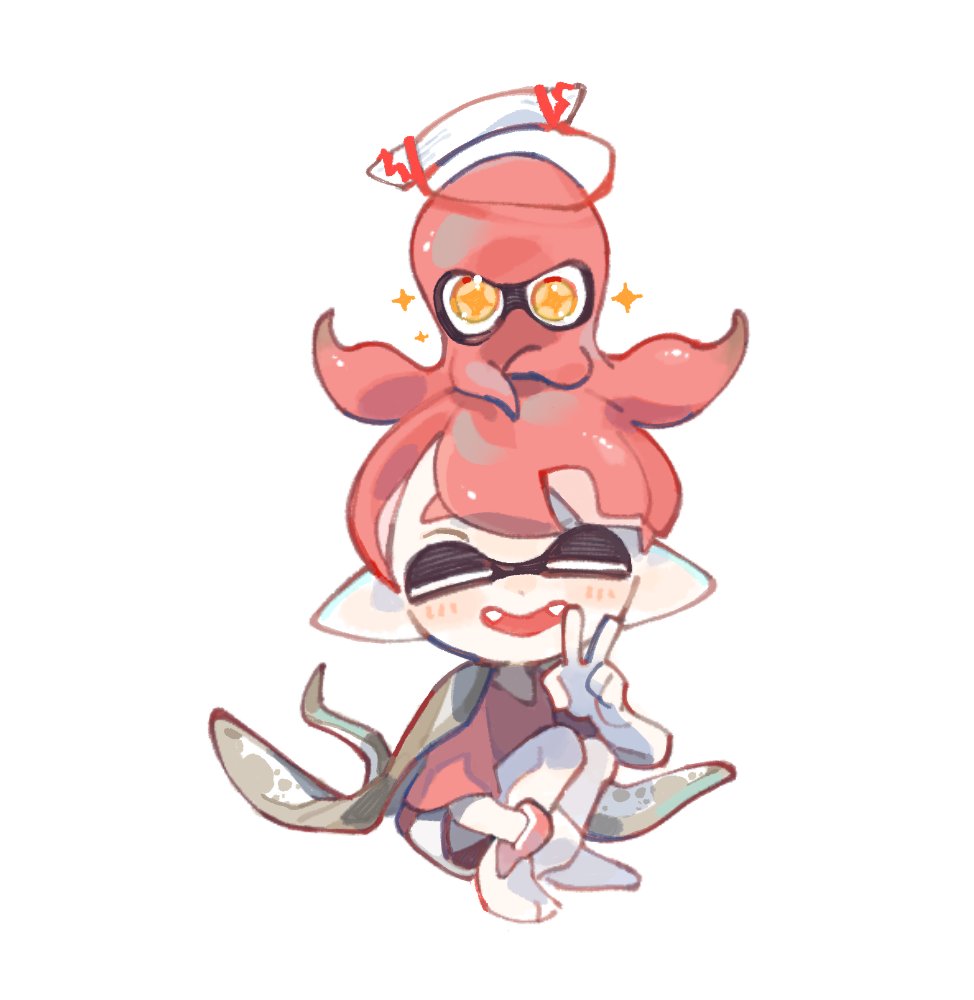 1boy closed_eyes inkling_boy inkling_player_character octopus open_mouth pointy_ears red_hair red_shirt shirt short_hair simple_background smile sparkle spl8ya splatoon_(series) squatting star-shaped_pupils star_(symbol) symbol-shaped_pupils teeth tentacle_hair v white_background yellow_eyes yellow_pupils