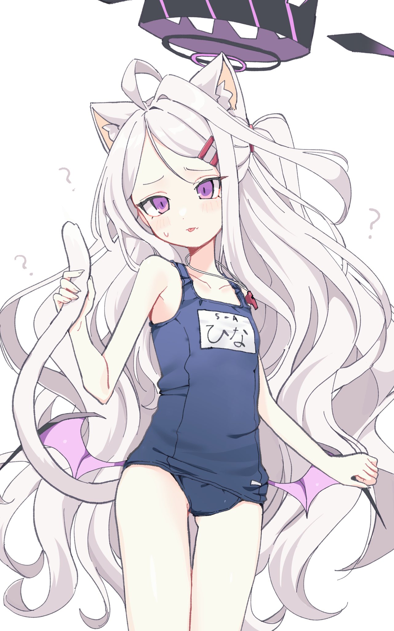 1girl :p ? ahoge animal_ear_fluff animal_ears blue_archive blue_one-piece_swimsuit blush cat_ears cat_girl cat_tail closed_mouth collarbone cowboy_shot demon_wings fang fang_out flat_chest hair_ornament hairclip halo highres hina_(blue_archive) hina_(swimsuit)_(blue_archive) holding_own_tail kemonomimi_mode long_hair looking_at_viewer low_wings name_tag no_horns official_alternate_costume old_school_swimsuit one-piece_swimsuit one_side_up purple_eyes purple_halo school_swimsuit sentouryoku_5 simple_background skin_fang solo swimsuit tail tongue tongue_out very_long_hair wavy_hair whistle whistle_around_neck white_background white_hair wings
