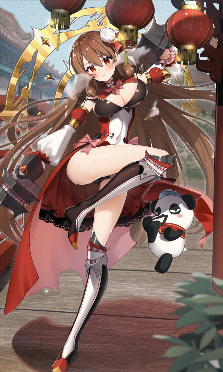 1girl blush boots breasts brown_hair chengdu_(oshiro_project) chinese_clothes cleavage cluseller detached_sleeves familiar flower hair_between_eyes hair_flower hair_ornament highres knee_boots large_breasts long_hair looking_at_viewer oshiro_project:re panda red_eyes solo sweat