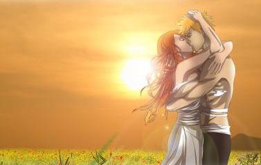 bleach couple inoue_orihime kiss kurosaki_ichigo lowres orange_hair sunset