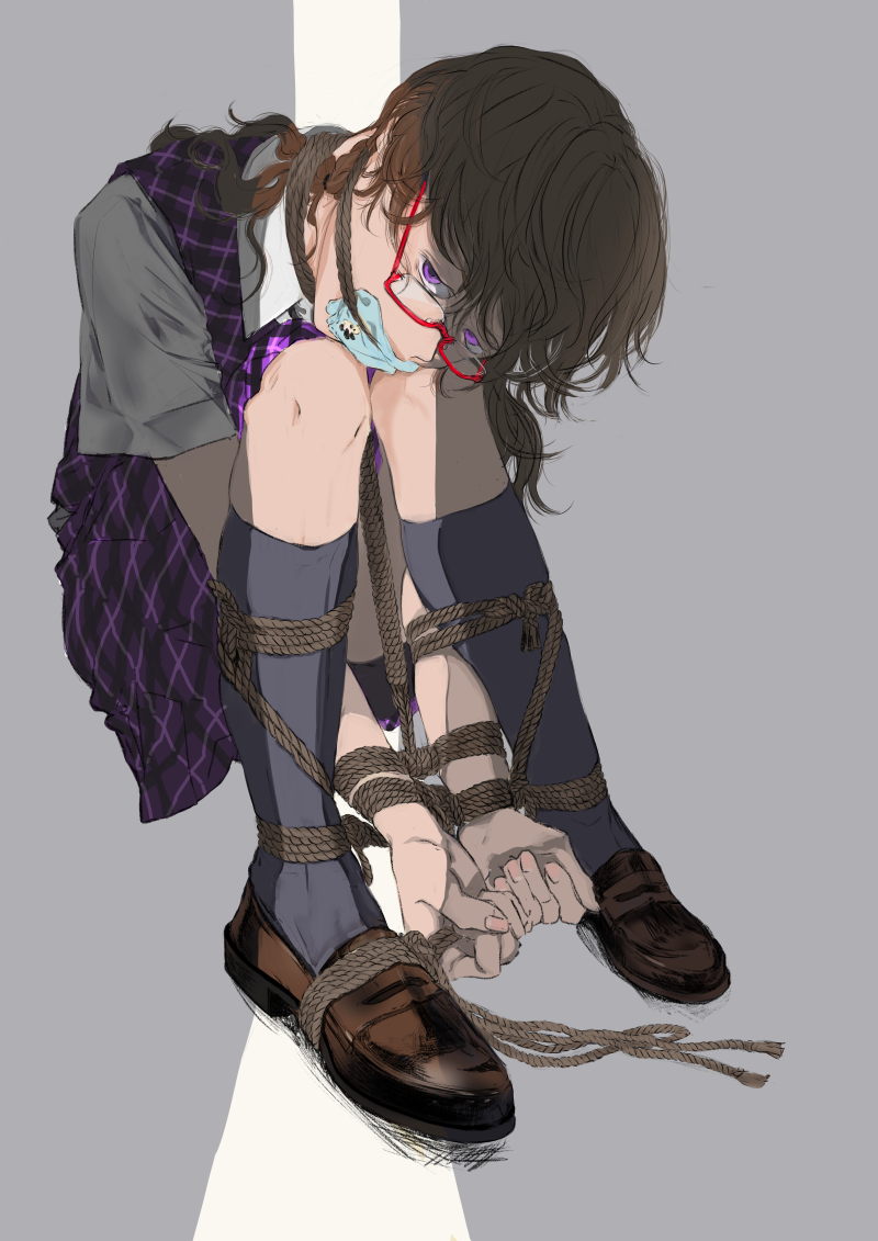 bdsm bondage bound bound_ankles bound_legs brown_footwear brown_hair gag gagged glasses improvised_gag plaid plaid_skirt plaid_vest purple_eyes purple_vest red-framed_eyewear skirt solo tied_up_(nonsexual) touhou ue_toono_(atano) usami_sumireko vest white_background