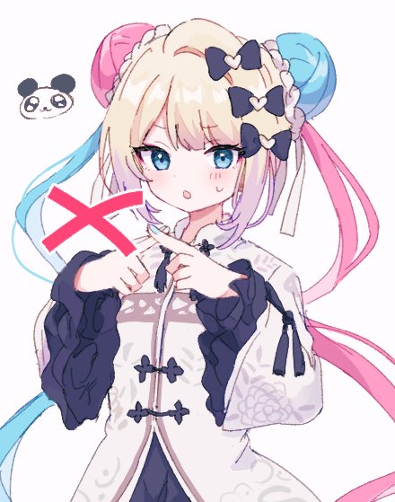 1girl :o black_bow blonde_hair blue_eyes blue_hair blue_nails bow chouzetsusaikawa_tenshi-chan cowboy_shot dot_nose double_bun eyeliner floral_print frilled_shirt frills gradient_hair hair_bow hair_bun kabe_(zp66104) long_sleeves looking_at_viewer makeup multicolored_hair nail_polish needy_girl_overdose open_mouth panda pink_hair print_shirt purple_hair red_eyeliner shirt simple_background solo twintails white_background white_shirt x x_fingers