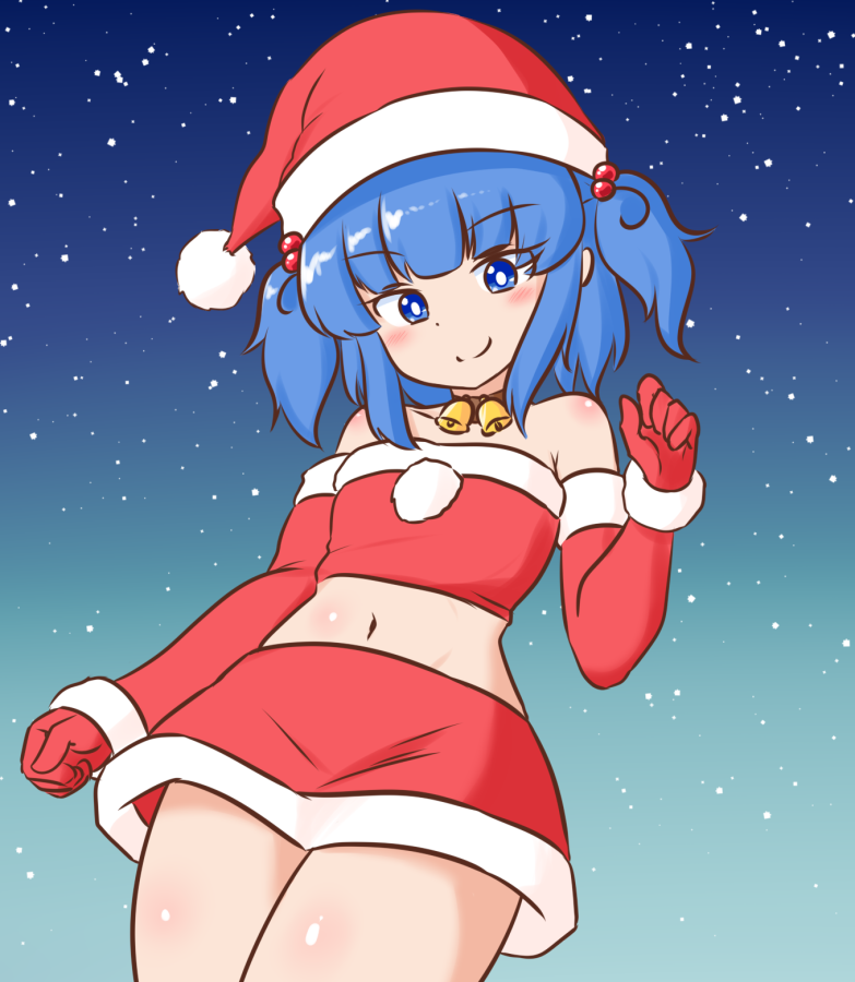 1girl blue_background blue_eyes bright_pupils closed_mouth commentary_request commission elbow_gloves gloves gradient_background hair_bobbles hair_ornament hat kawashiro_nitori looking_at_viewer mizusoba red_gloves red_headwear red_skirt santa_costume santa_hat short_hair skeb_commission skirt smile solo touhou two_side_up white_pupils