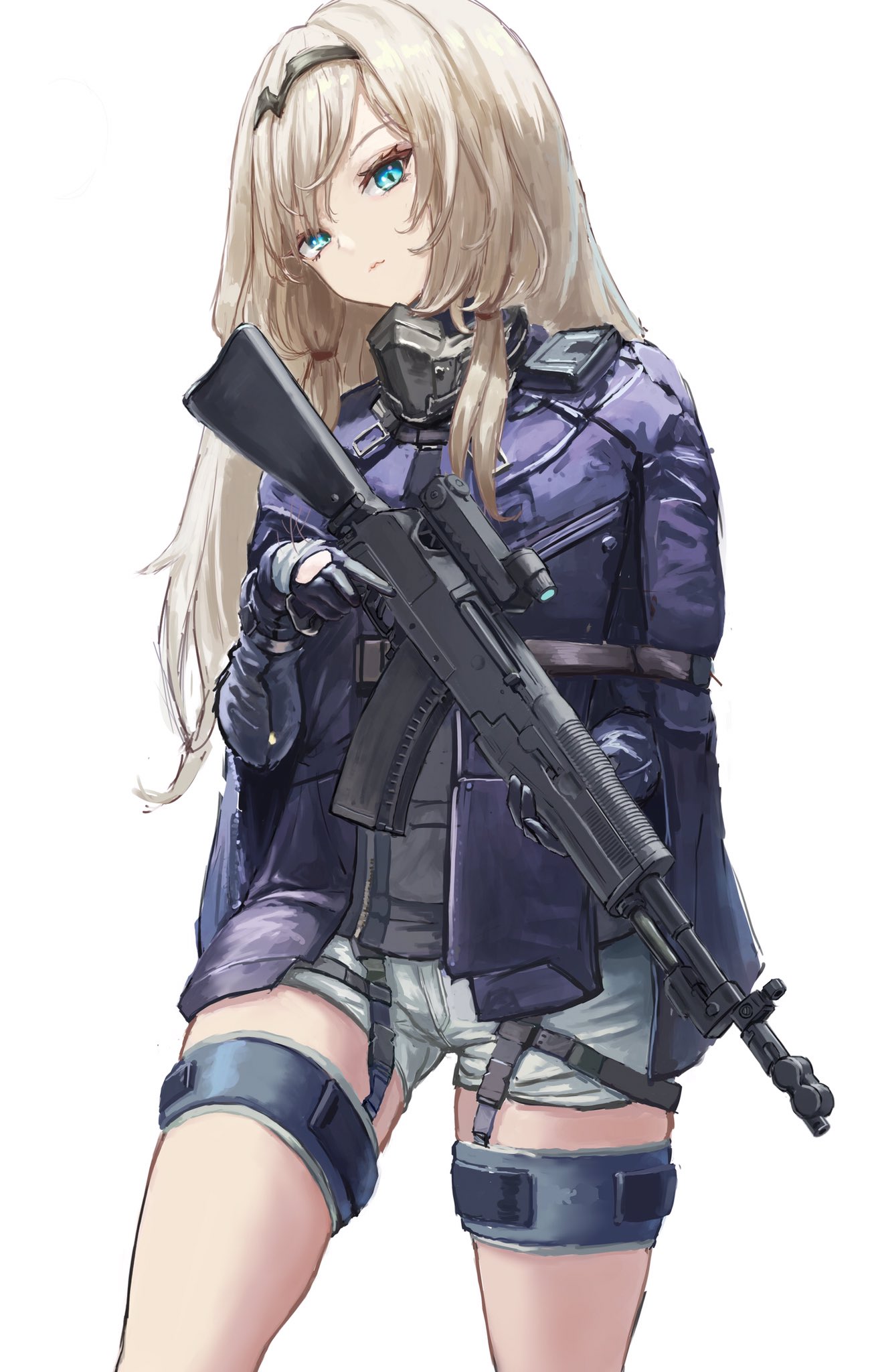 1girl an-94 an-94_(girls'_frontline) assault_rifle black_gloves black_jacket blue_eyes chest_rig closed_mouth denim denim_shorts girls'_frontline gloves grey_hair gun hairband head_tilt highres holding holding_gun holding_weapon jacket long_hair long_sleeves looking_at_viewer mask open_clothes open_jacket reflex_sight rifle short_shorts shorts sidelocks simple_background solo tactical_clothes tagoroku123 thigh_strap weapon white_background white_shorts