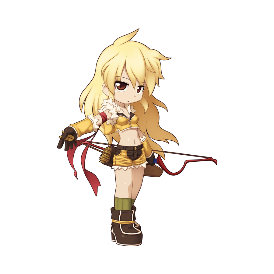 1girl ahoge armband arrow_(projectile) blonde_hair boots bow_(weapon) breasts brown_eyes brown_footwear brown_gloves brown_shirt brown_shorts chibi crop_top expressionless fingerless_gloves full_body fur-trimmed_gloves fur-trimmed_shirt fur-trimmed_shorts fur_trim gloves high_heel_boots high_heels holding holding_arrow holding_bow_(weapon) holding_weapon long_hair looking_at_viewer medium_bangs midriff navel official_art open_mouth quiver ragnarok_online shirt short_shorts shorts simple_background sleeveless sleeveless_shirt small_breasts sniper_(ragnarok_online) solo standing tachi-e transparent_background two-tone_gloves two-tone_shirt two-tone_shorts very_long_hair weapon yellow_gloves yellow_shirt yellow_shorts yuichirou