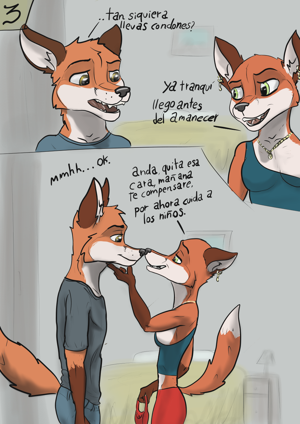 accessory anthro brown_eyes canid canine clothing dialogue duo female fox green_eyes hi_res husband_and_wife male male/female mammal married_couple red_clothing spanish_text text touching_face wolfyalex96