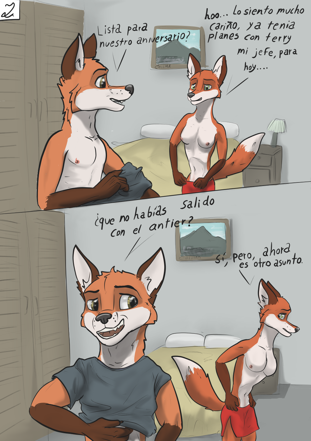anthro breasts brown_eyes canid canine clothing dialogue duo female fox green_eyes hi_res husband_and_wife inside looking_at_another looking_at_partner male male/female mammal married_couple nipples red_clothing spanish_text text wolfyalex96