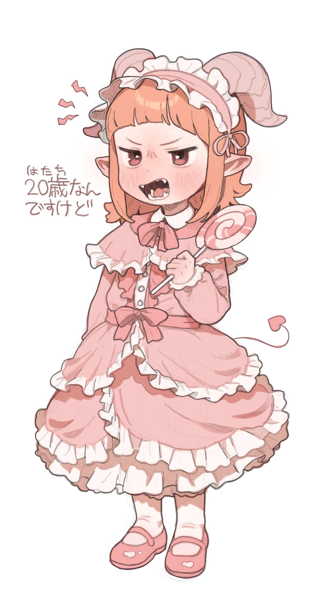 1girl angry bow bowtie candy capelet child demon_girl demon_horns demon_tail dress fangs food frilled_dress frilled_sleeves frills full_body hairband highres holding holding_candy holding_food horns layered_dress lolita_fashion lolita_hairband lollipop long_sleeves meromero_(succubus_no_meromero) open_mouth opossumachine orange_hair pink_bow pink_bowtie pink_capelet pink_dress pink_footwear pointy_ears red_eyes short_hair simple_background solo succubus_no_meromero swirl_lollipop tail translated white_background