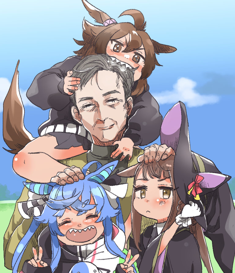 1boy 3girls adjusting_clothes adjusting_headwear ahoge animal_ears biting black_robe black_skirt black_sweater blue_hair blue_sky blush bow braid brown_eyes brown_hair closed_eyes closed_mouth commentary_request crossed_bangs day double_v ear_ornament gloves grey_hair hair_bow hand_on_another's_head hand_up hands_up hat headpat hood hoodie horse_ears horse_girl horse_tail light_frown long_sleeves looking_at_viewer mrgueen multicolored_clothes multicolored_hoodie multiple_girls old old_man open_mouth outdoors robe sharp_teeth shinko_windy_(umamusume) sidelocks sitting_on_shoulder skirt sky smile striped_bow stuffed_animal stuffed_rabbit stuffed_toy sweater sweep_tosho_(umamusume) tail teeth twin_turbo_(umamusume) twintails umamusume upper_teeth_only v v-shaped_eyebrows white_gloves witch_hat wrinkled_skin