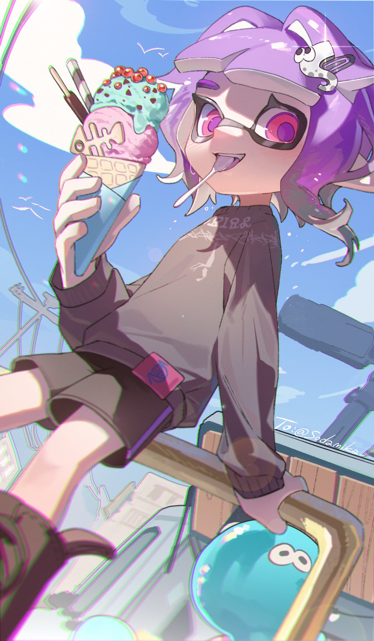 1girl against_railing black_footwear black_shorts black_sweater blue_sky blush cloud cloudy_sky commentary fang food hair_intakes hair_ornament hairclip hand_on_railing highres holding holding_food holding_ice_cream ice_cream ice_cream_cone inkling inkling_girl inkling_player_character jellyfish_(splatoon) looking_at_viewer mouth_hold namazuoku open_mouth outdoors pink_eyes pointy_ears purple_hair purple_pupils railing short_hair shorts sky solo splatoon_(series) splatoon_3 spoon sweater symbol-only_commentary teeth tentacle_hair upper_teeth_only utensil_in_mouth utility_pole