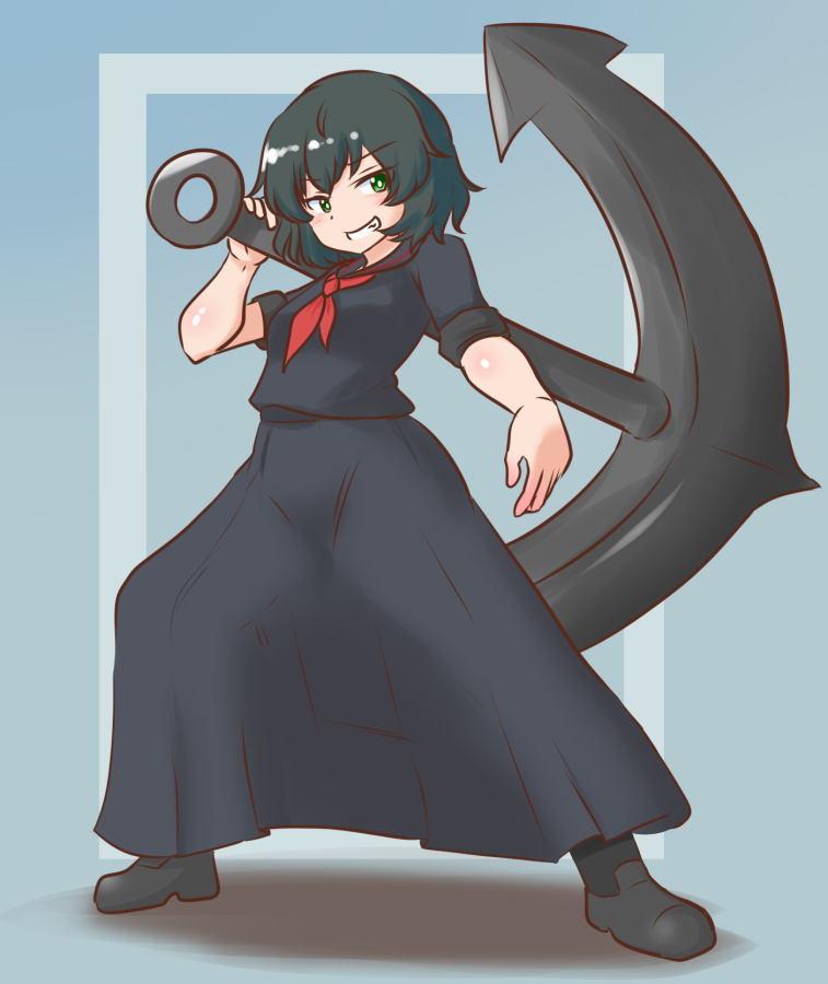 1girl alternate_costume anchor black_footwear black_hair black_serafuku black_skirt bright_pupils commentary_request commission full_body green_eyes grey_background long_skirt looking_at_viewer mizusoba murasa_minamitsu neckerchief red_neckerchief school_uniform serafuku short_hair short_sleeves skeb_commission skirt smile solo touhou white_pupils