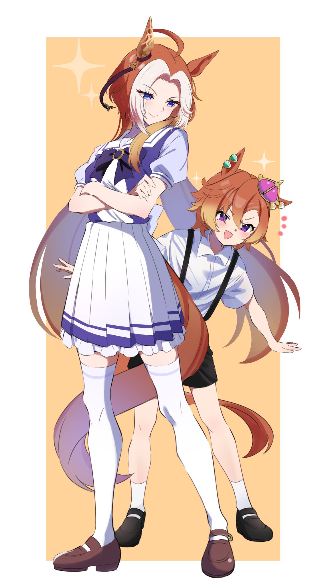 2girls aged_down ahoge animal_ears black_footwear black_shorts blue_eyes bow bowtie brown_footwear chokotabetai00 closed_mouth collared_shirt crossed_arms crown ear_piercing earrings full_body highres horse_ears horse_girl horse_tail jewelry long_hair looking_at_another looking_at_viewer mini_crown multiple_girls notice_lines open_mouth orange_hair orfevre_(umamusume) parted_lips petticoat piercing purple_eyes purple_shirt sailor_collar school_uniform shirt shoes short_hair shorts single_earring skirt smile socks sparkle standing suspender_shorts suspenders t.m._opera_o_(umamusume) tail thighhighs tracen_school_uniform umamusume v-shaped_eyebrows white_shirt white_skirt white_socks white_thighhighs